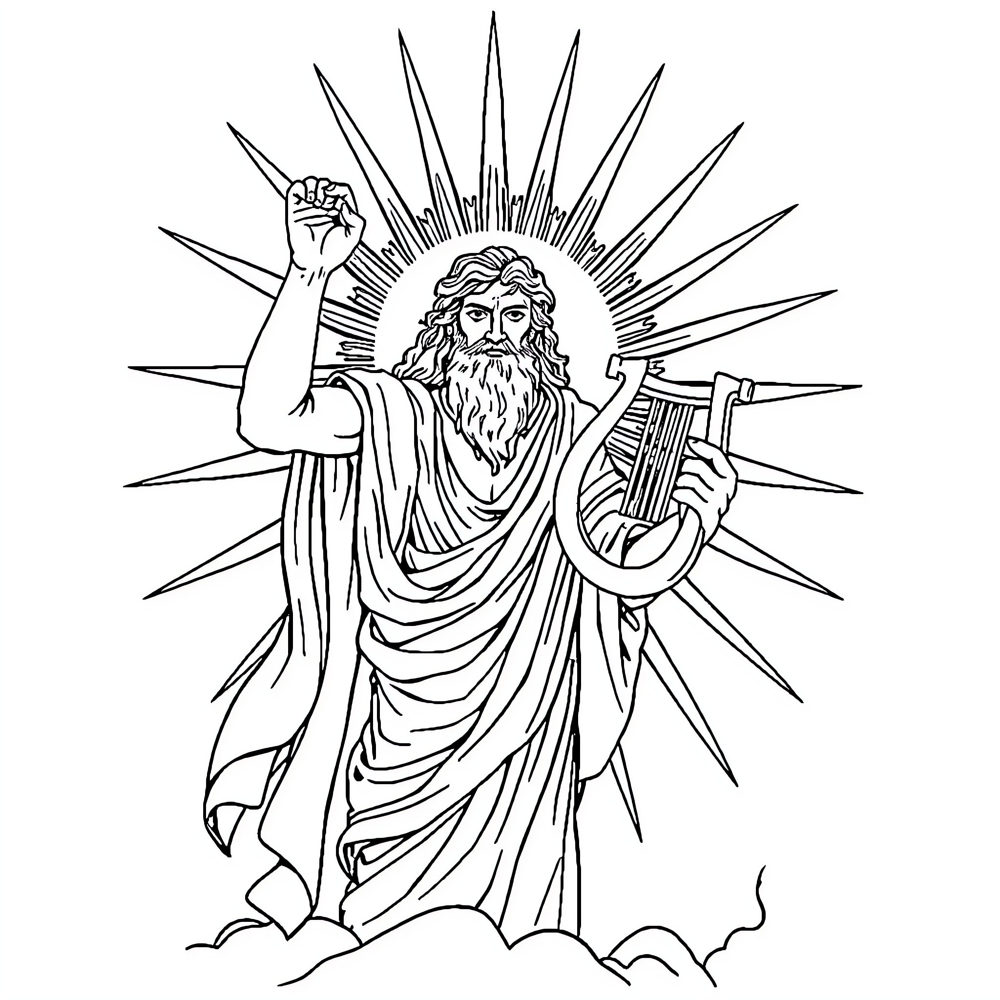 Apollo Triumphant with Lyre and Sunburst Coloring Page (free black-and-white line drawing printable PDF for all, from beginners to advanced learners, including children, teens, adults, and seniors)