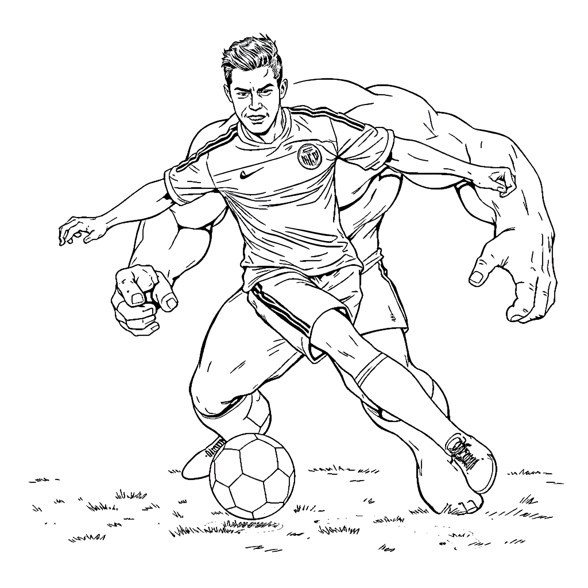 Ronaldo Kicking Soccer Ball Fiercely on Field Coloring Page (free black-and-white line drawing printable PDF for all, from beginners to advanced learners, including children, teens, adults, and seniors)