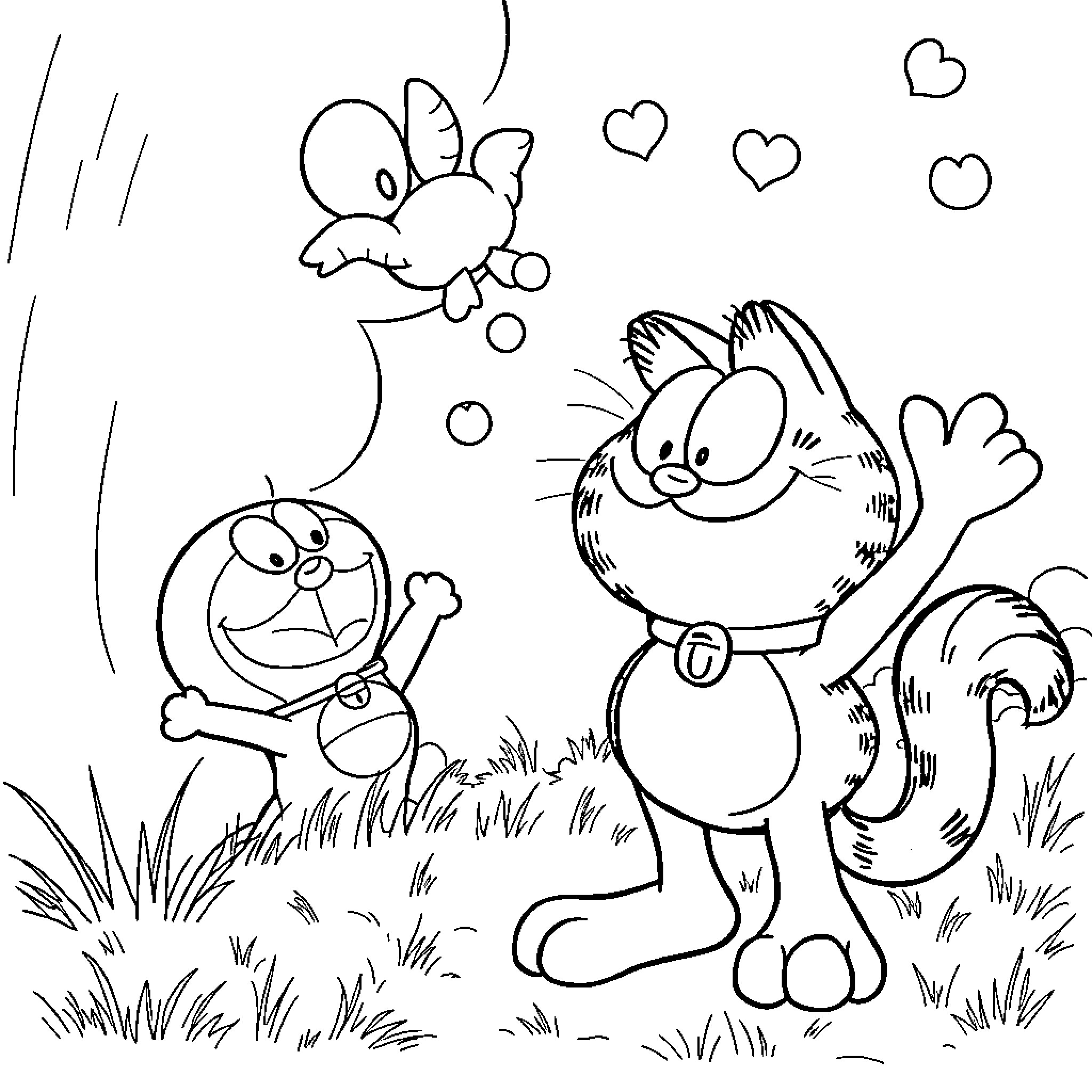 Arrow Cartoon Characters Frolicking in Nature Coloring Page (free black-and-white line drawing printable PDF for all, from beginners to advanced learners, including children, teens, adults, and seniors)