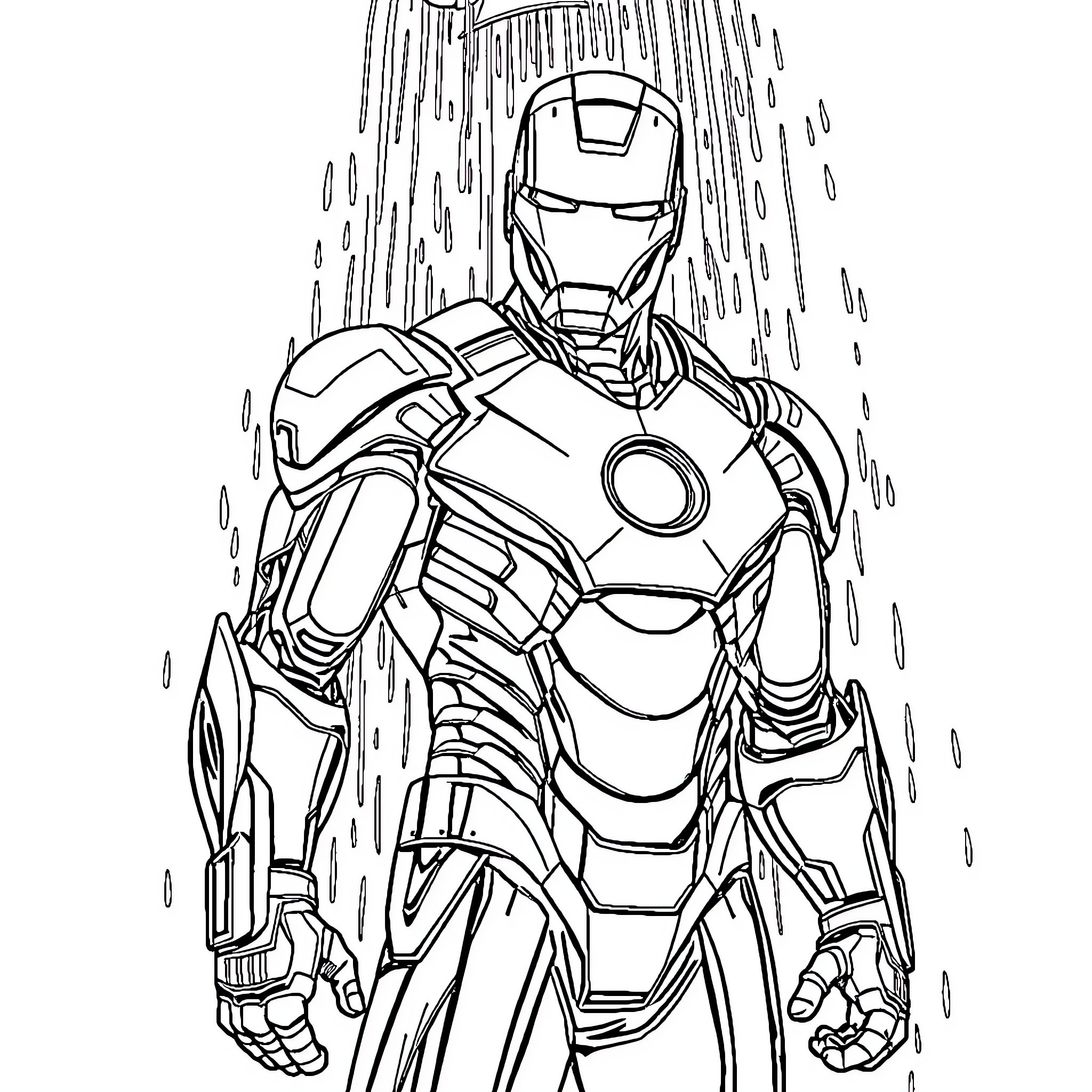 Iron Man in action pose under heavy rain Coloring Page (free black-and-white line drawing printable PDF for all, from beginners to advanced learners, including children, teens, adults, and seniors)