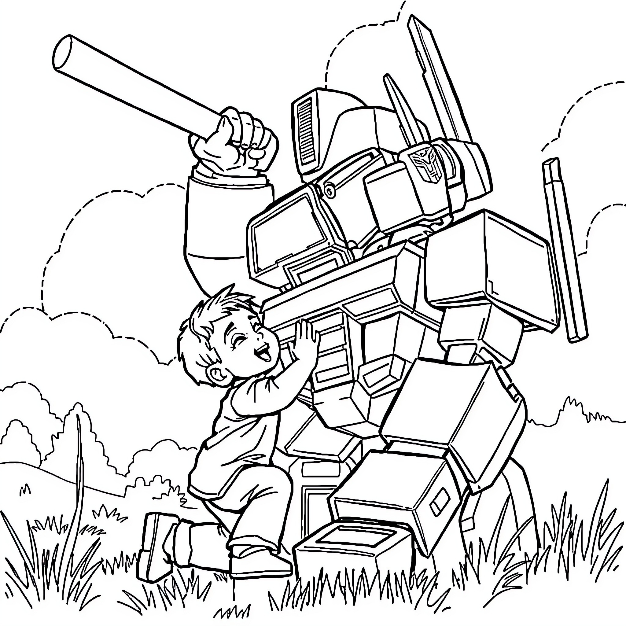 Optimus Prime in Heroic Pose with Child Coloring Page (free black-and-white line drawing printable PDF for all, from beginners to advanced learners, including children, teens, adults, and seniors)
