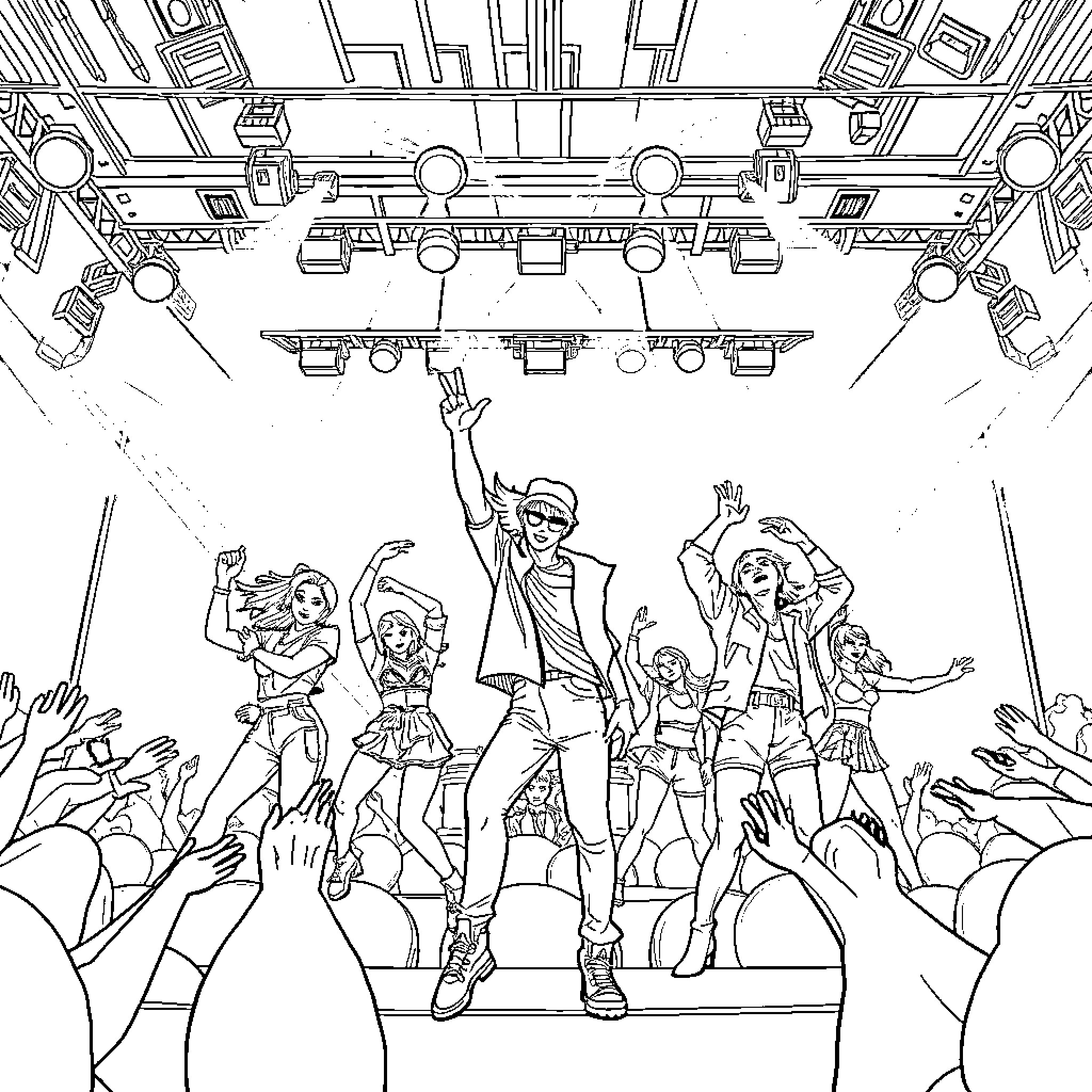 K Pop Performers Energizing the Stage Coloring Page (free black-and-white line drawing printable PDF for all, from beginners to advanced learners, including children, teens, adults, and seniors)