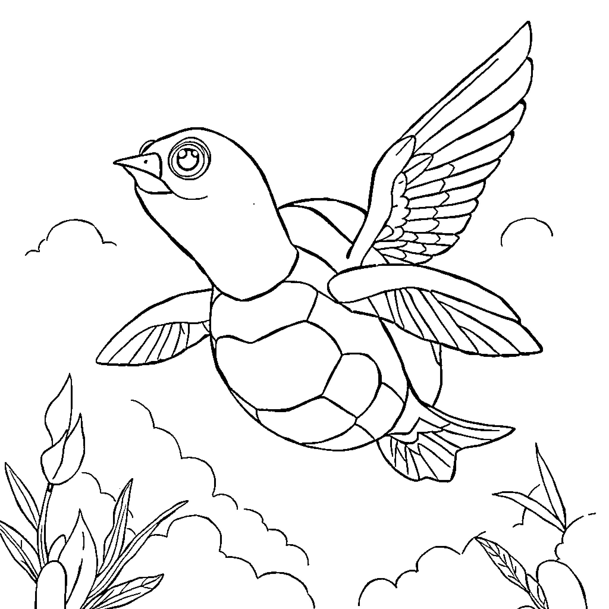 Turtle soaring through the clouds Coloring Page (free black-and-white line drawing printable PDF for all, from beginners to advanced learners, including children, teens, adults, and seniors)