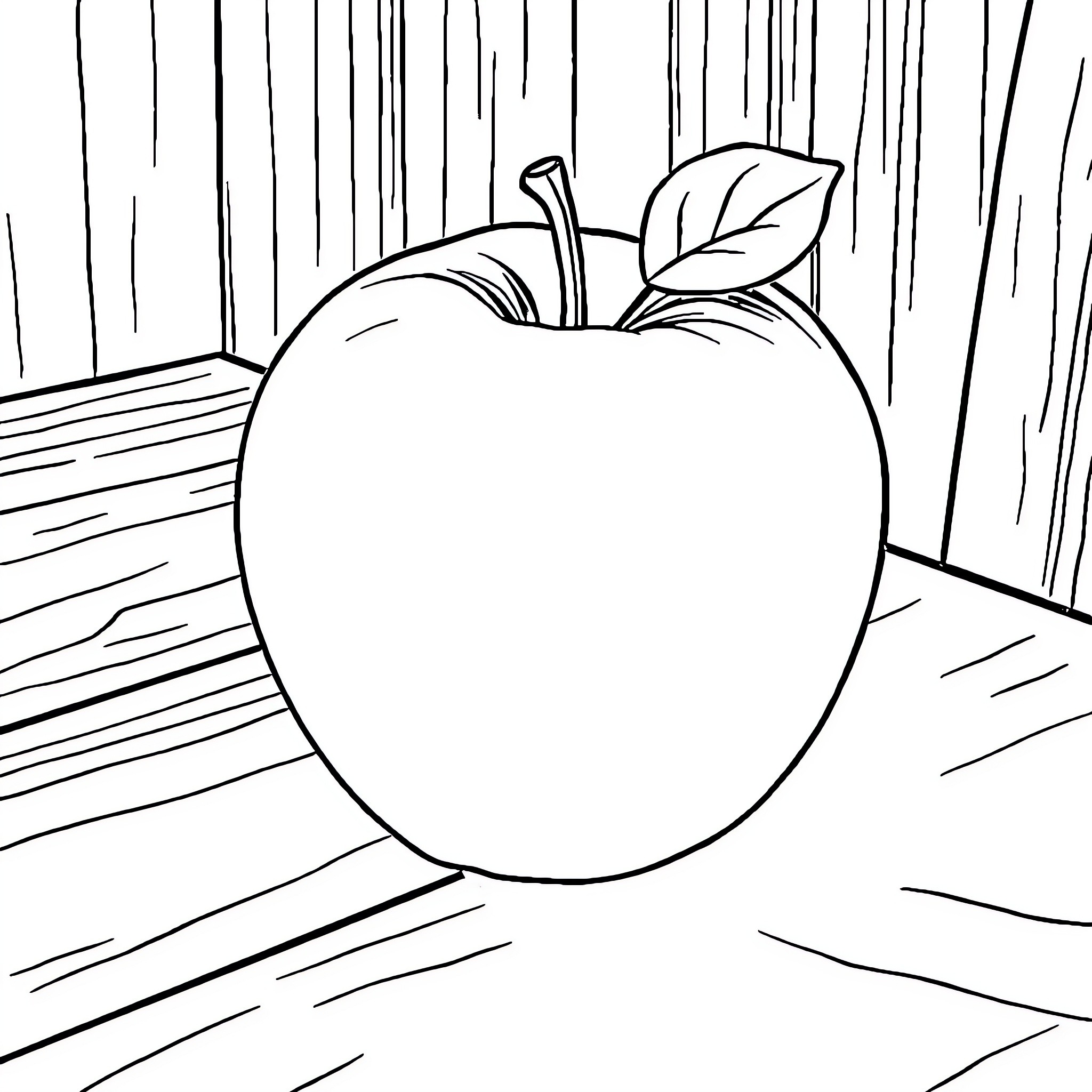 Apple in a rustic setting Coloring Page (free black-and-white line drawing printable PDF for all, from beginners to advanced learners, including children, teens, adults, and seniors)