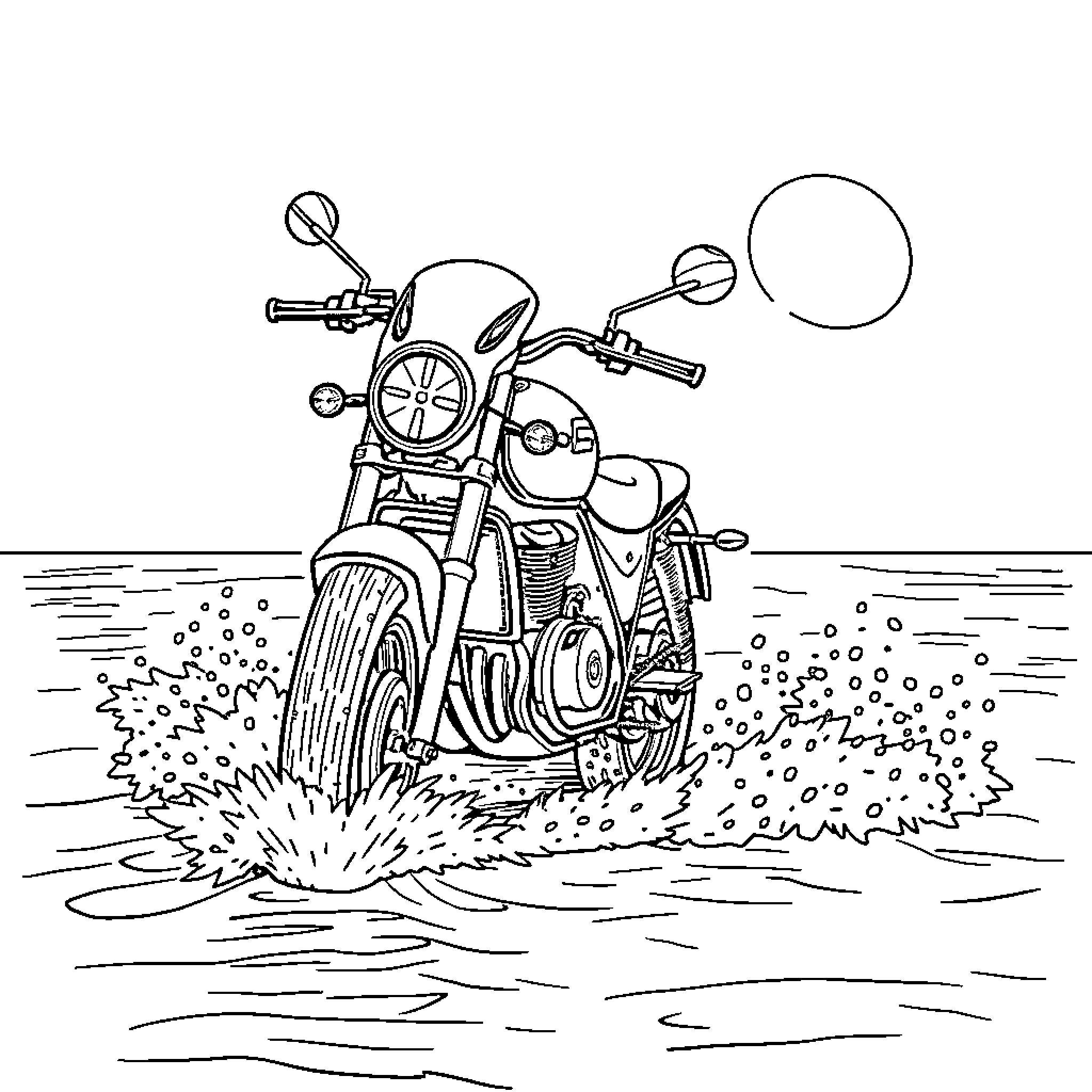 Jet Ski speeding through water with splashes Coloring Page (free black-and-white line drawing printable PDF for all, from beginners to advanced learners, including children, teens, adults, and seniors)