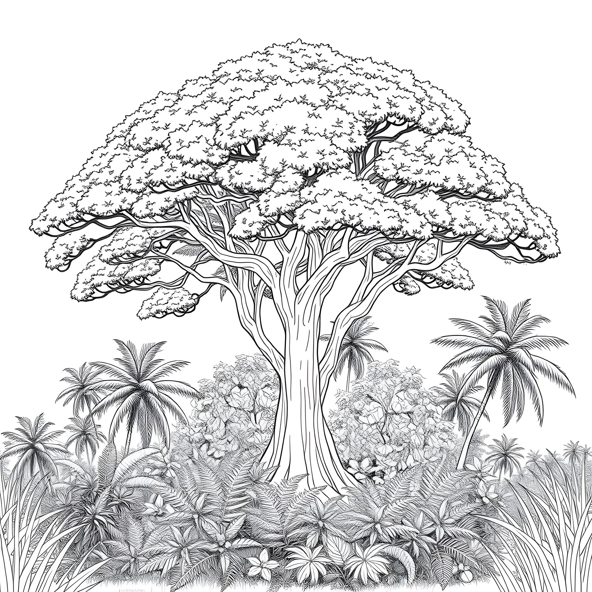 Koa Tree in Lush Tropical Landscape Coloring Page (free black-and-white line drawing printable PDF for all, from beginners to advanced learners, including children, teens, adults, and seniors)