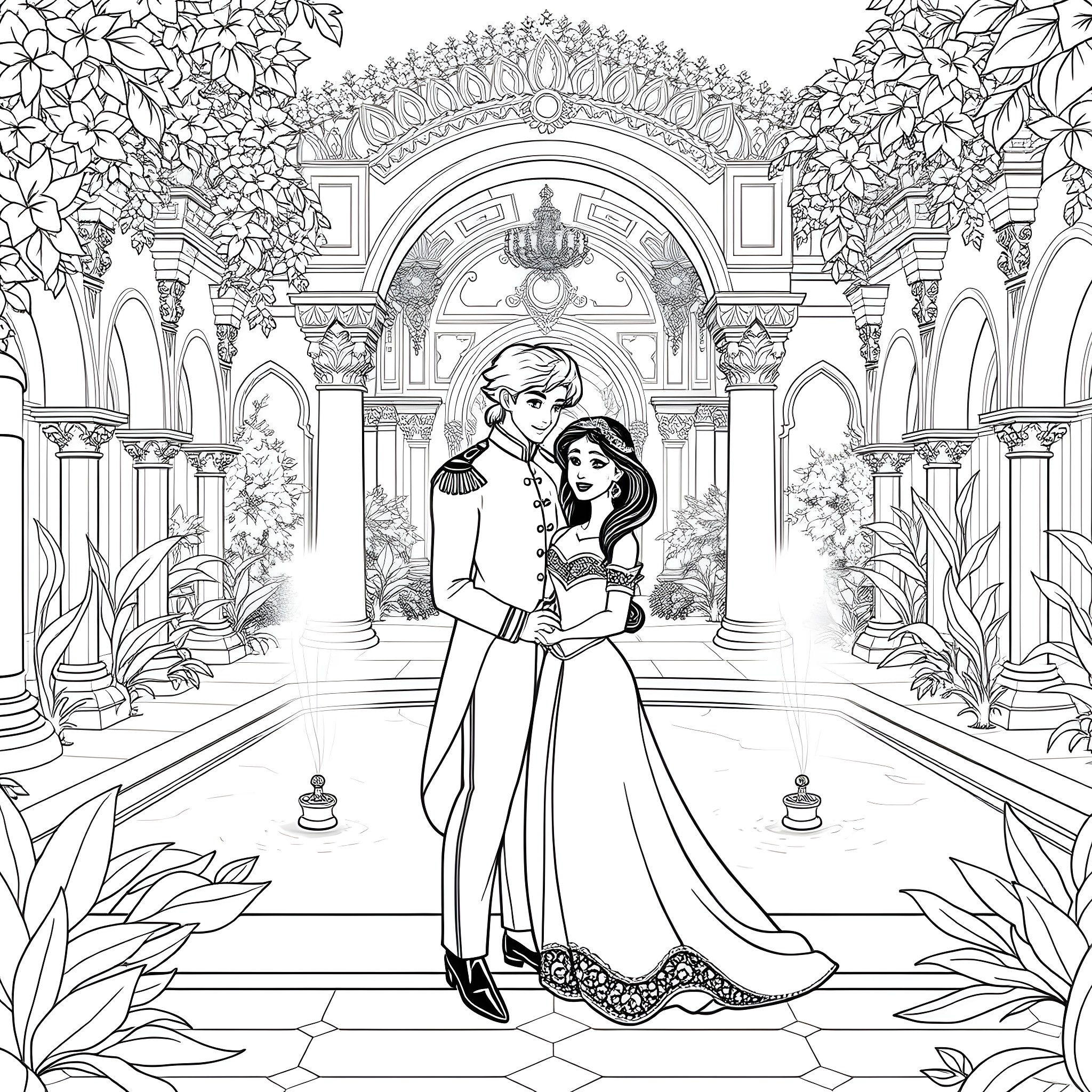 Jasmine's Royal Palace Romance Coloring Page (free black-and-white line drawing printable PDF for all, from beginners to advanced learners, including children, teens, adults, and seniors)