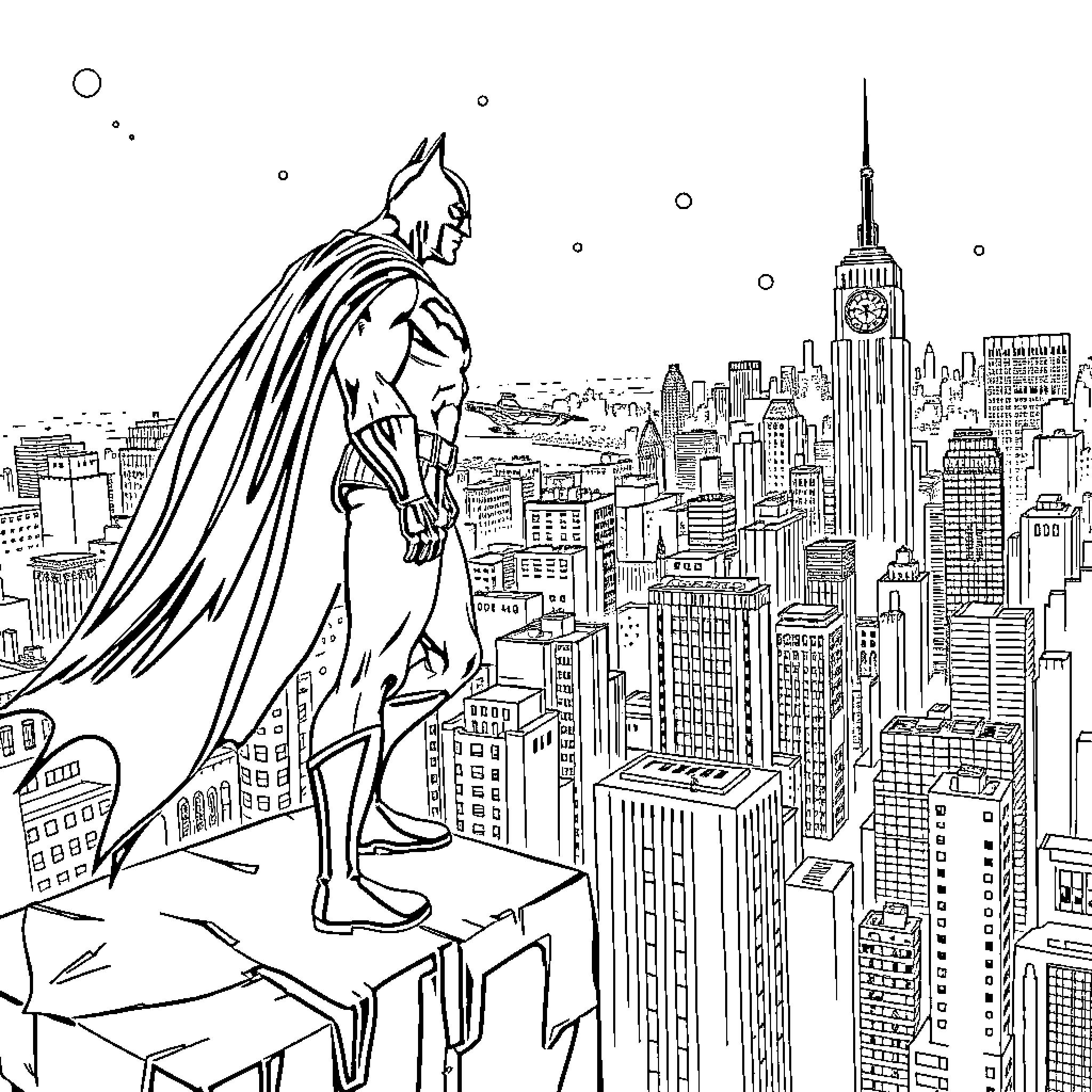 Batman overlooking the cityscape from a high vantage point Coloring Page (free black-and-white line drawing printable PDF for all, from beginners to advanced learners, including children, teens, adults, and seniors)