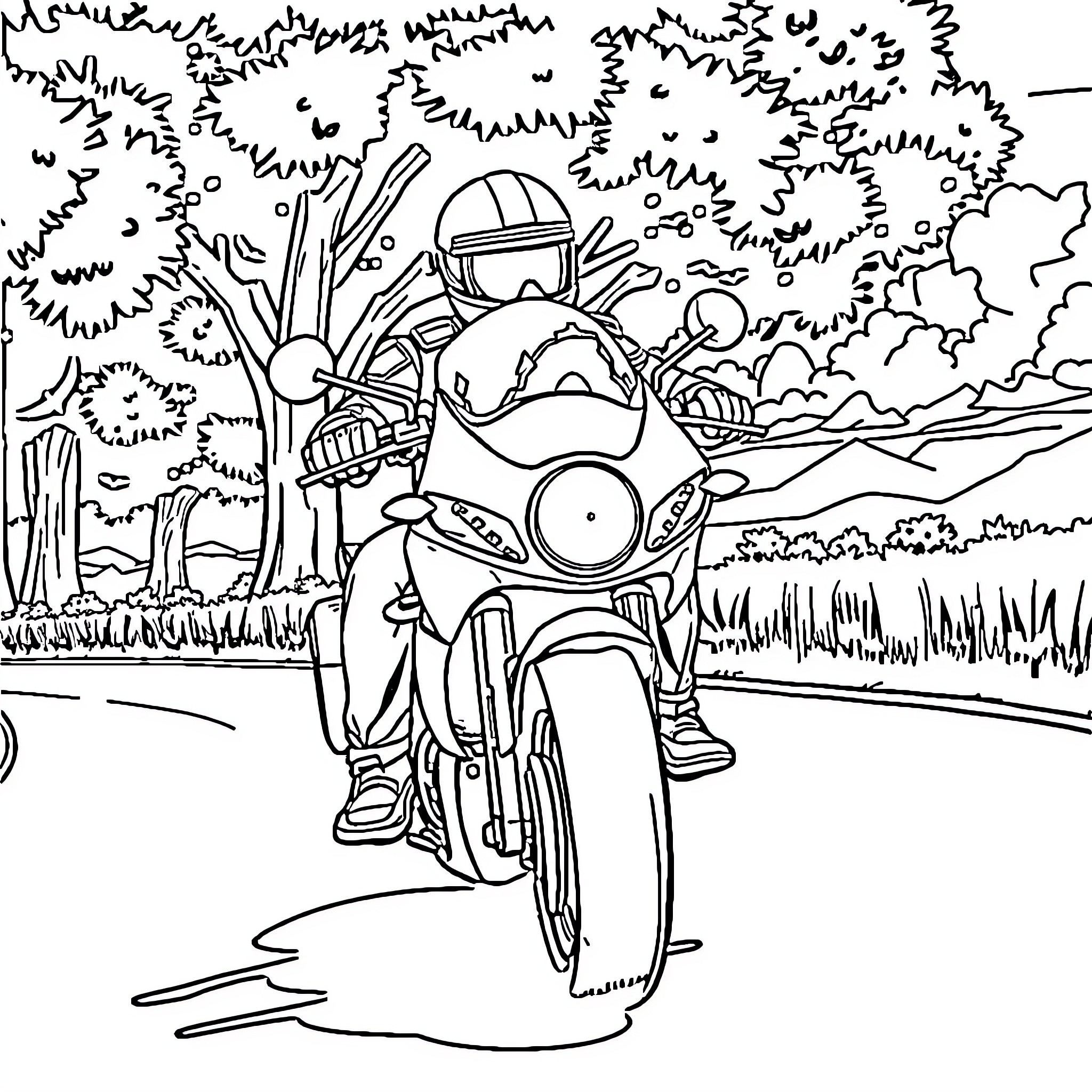 Tazamanoa Adventurous Motorcycle Ride in Nature Coloring Page (free black-and-white line drawing printable PDF for all, from beginners to advanced learners, including children, teens, adults, and seniors)