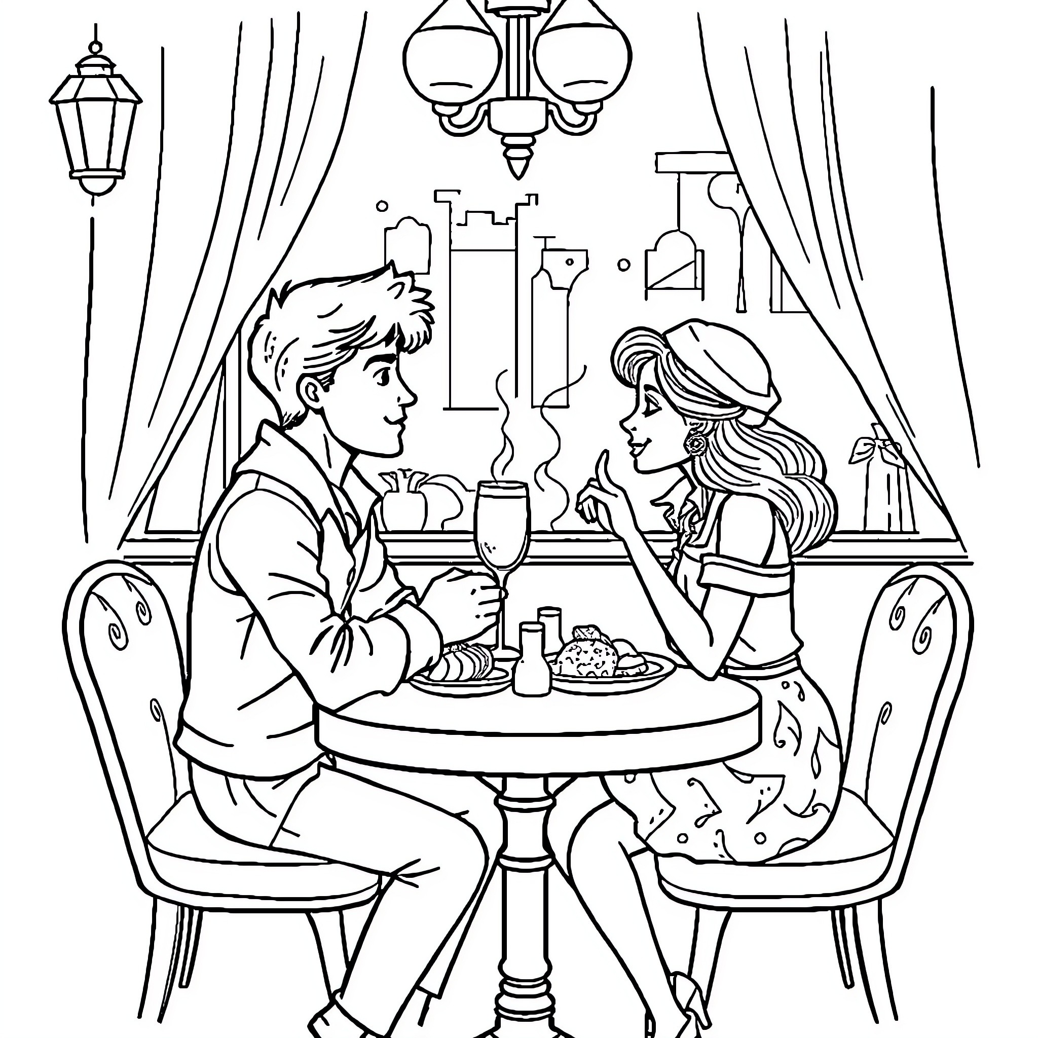 Romeo and Juliette's romantic candlelit dinner Coloring Page (free black-and-white line drawing printable PDF for all, from beginners to advanced learners, including children, teens, adults, and seniors)