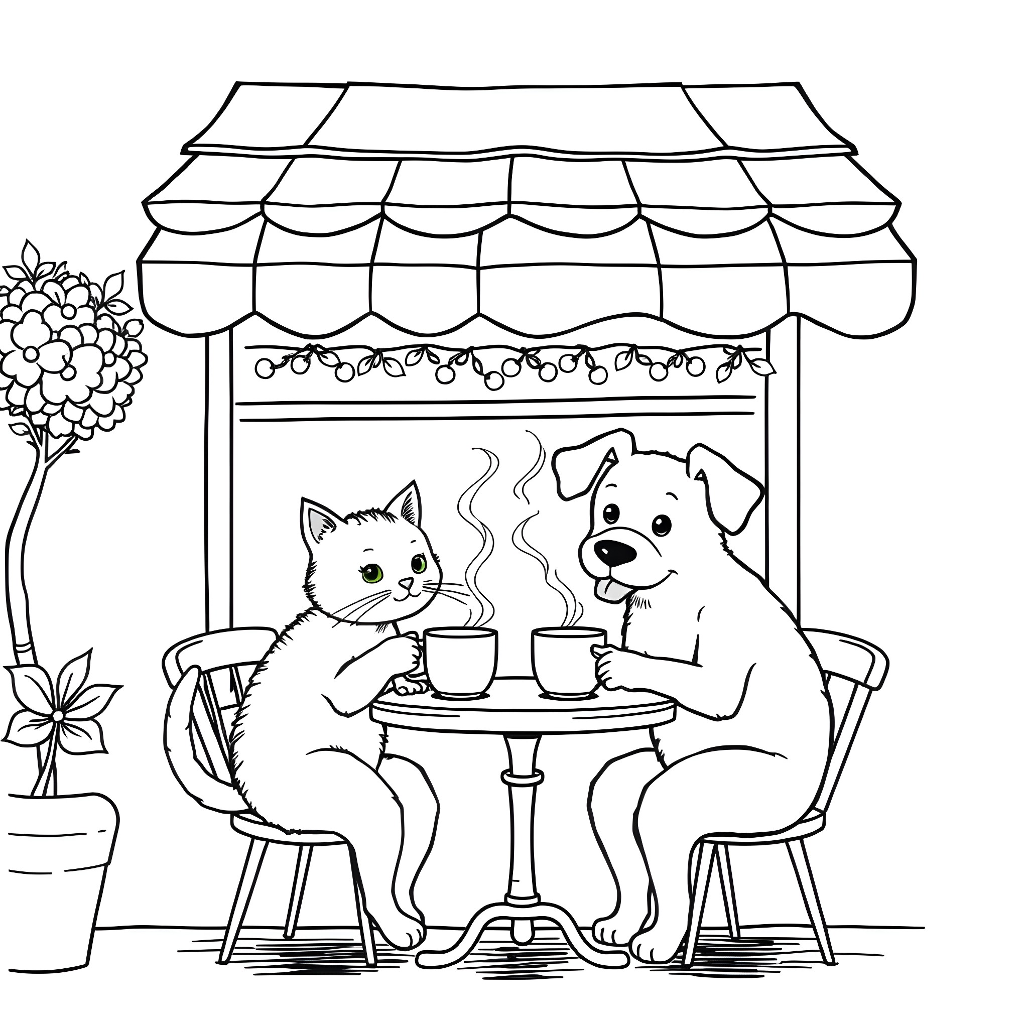 Animal enjoying drinks at a cafe Coloring Page (free black-and-white line drawing printable PDF for all, from beginners to advanced learners, including children, teens, adults, and seniors)