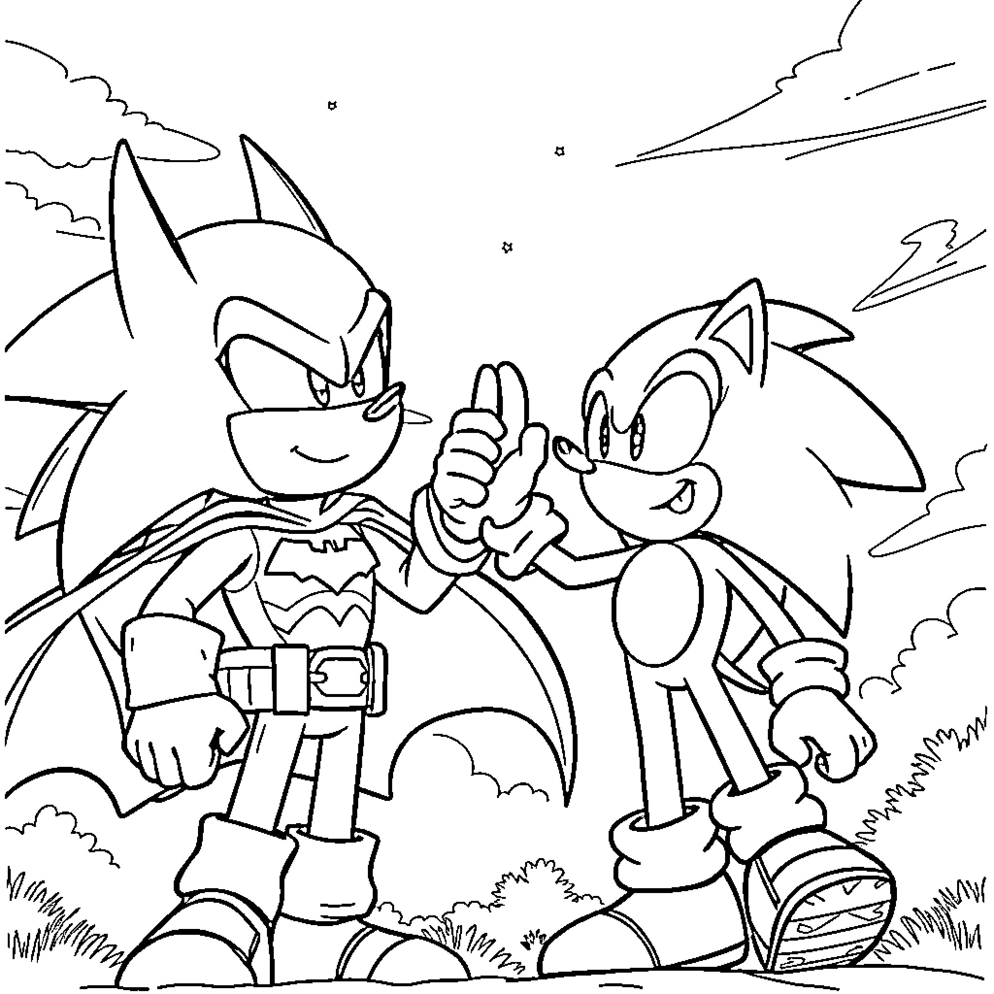 Sonic and Sidekick Exploring the Outdoors Coloring Page (free black-and-white line drawing printable PDF for all, from beginners to advanced learners, including children, teens, adults, and seniors)