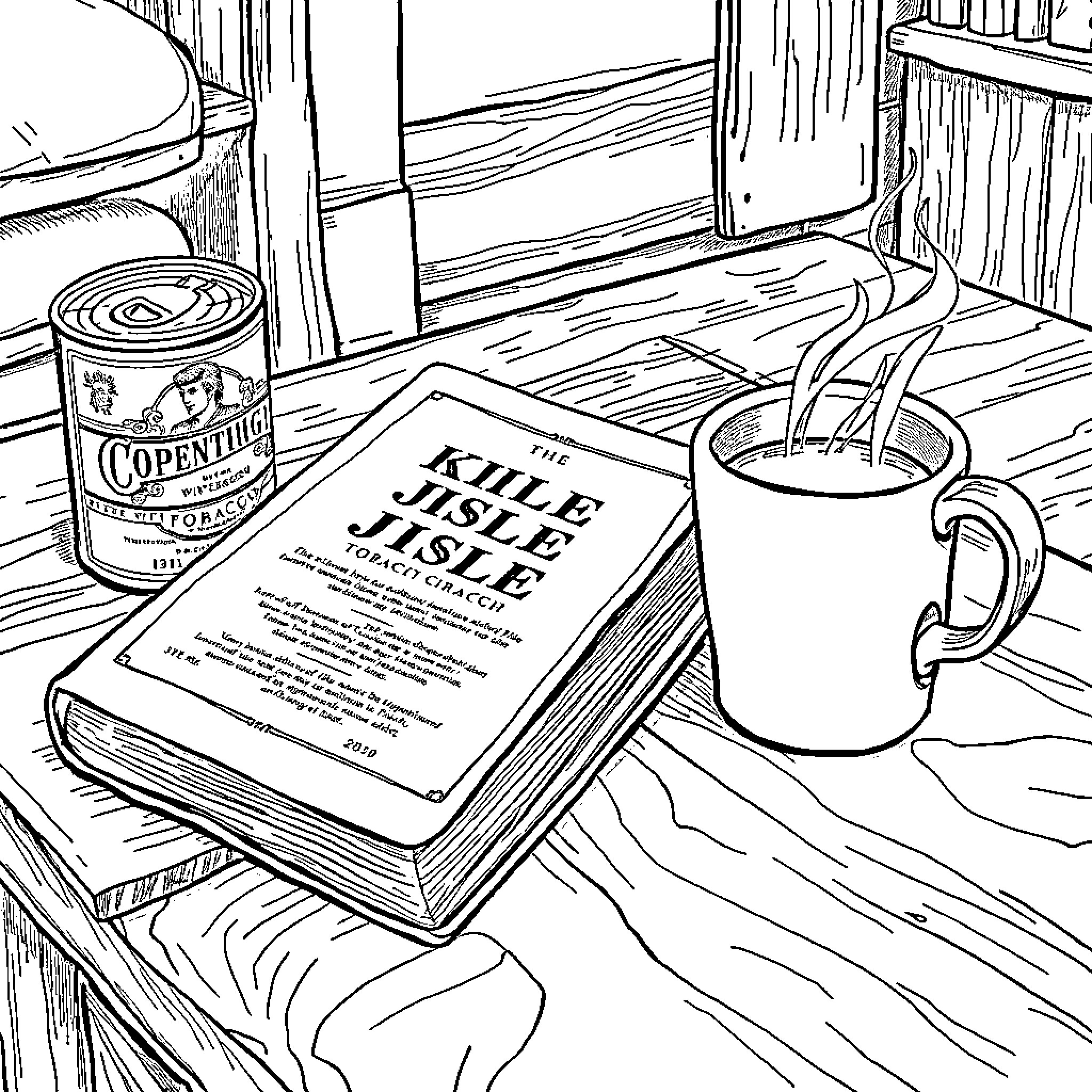Bible study with coffee and literature Coloring Page (free black-and-white line drawing printable PDF for all, from beginners to advanced learners, including children, teens, adults, and seniors)