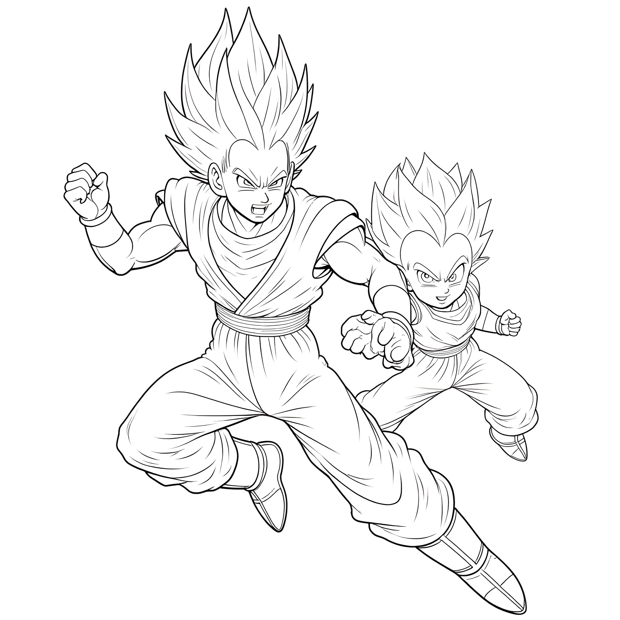 Dragon Ball Characters Engaging in Battle Coloring Page (free black-and-white line drawing printable PDF for all, from beginners to advanced learners, including children, teens, adults, and seniors)