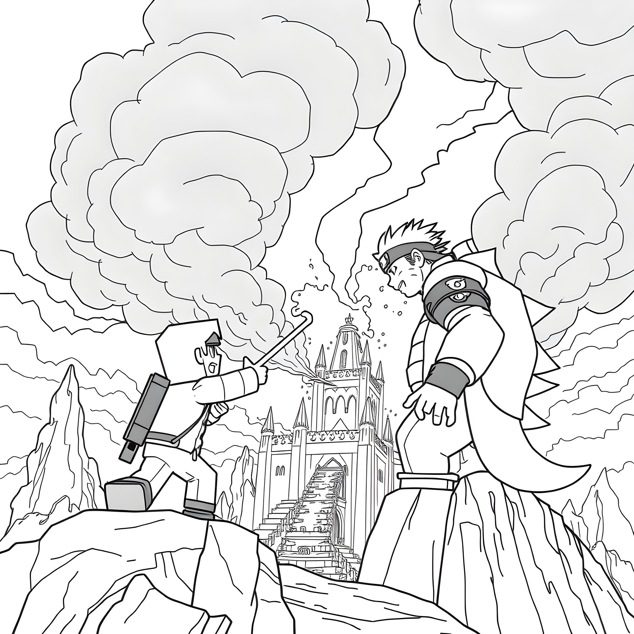 Steve's epic battle against the dark forces in the mystical realm Coloring Page (free black-and-white line drawing printable PDF for all, from beginners to advanced learners, including children, teens, adults, and seniors)