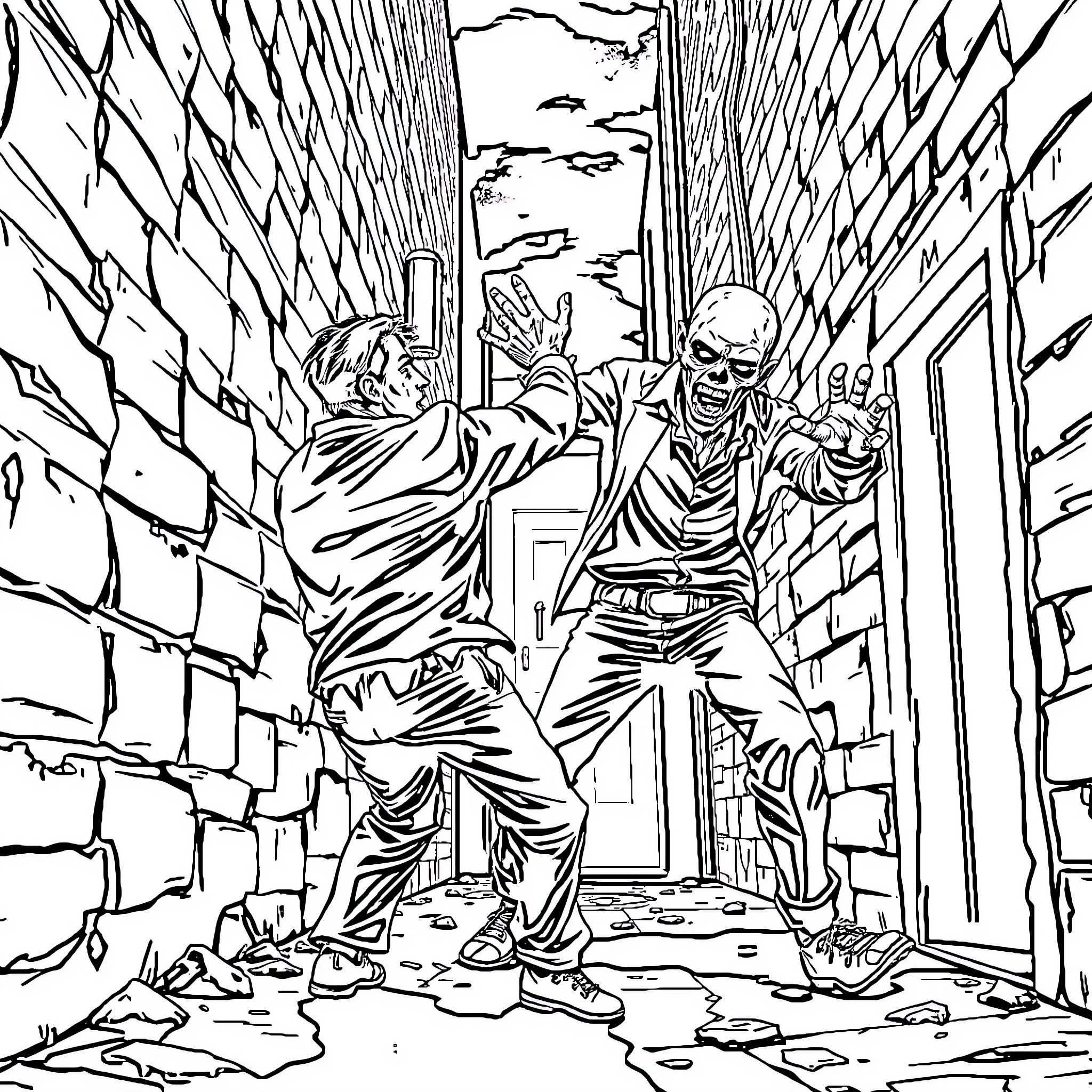 Zombie Horde Attacking in Abandoned Urban Setting Coloring Page (free black-and-white line drawing printable PDF for all, from beginners to advanced learners, including children, teens, adults, and seniors)