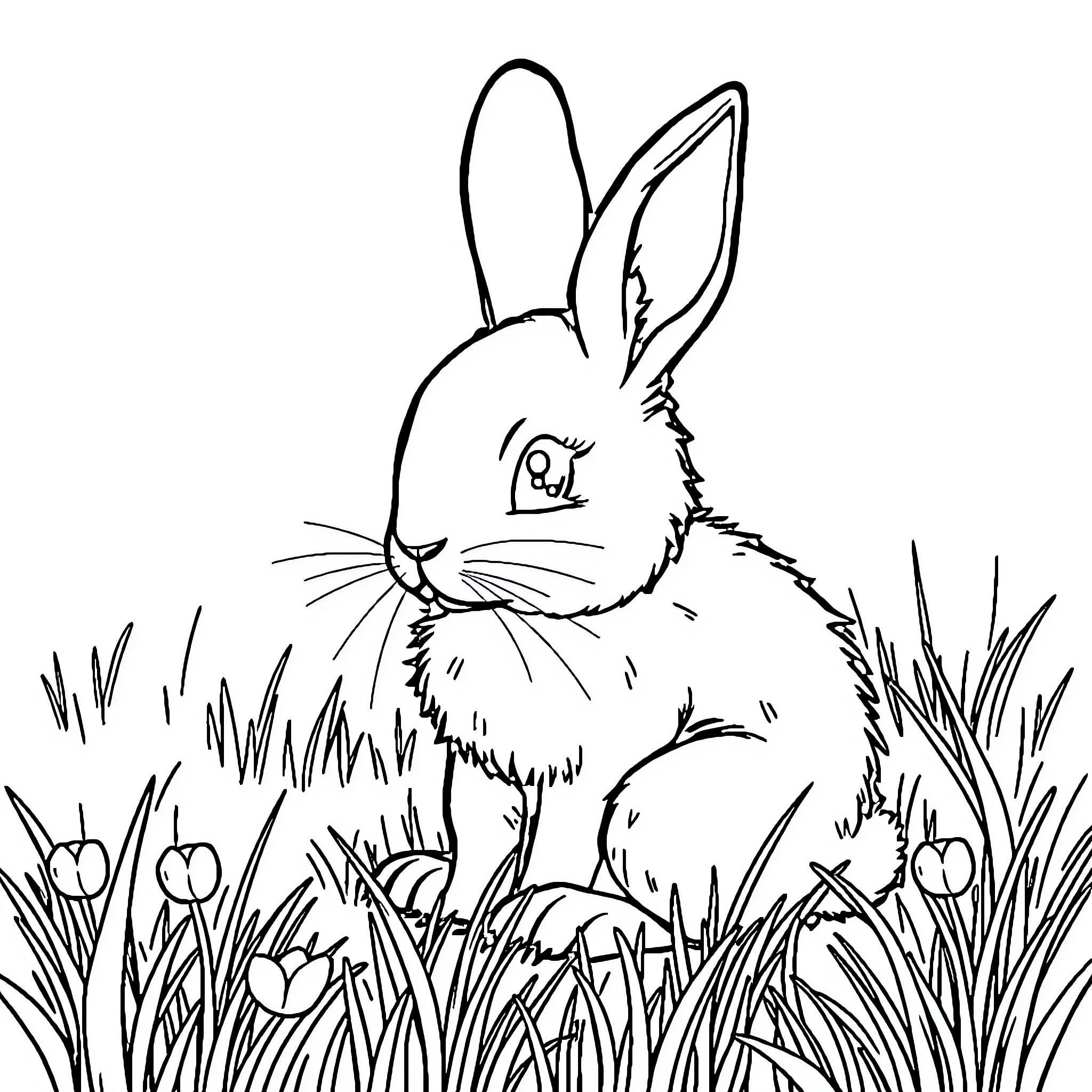Bunny resting in a grassy field Coloring Page (free black-and-white line drawing printable PDF for all, from beginners to advanced learners, including children, teens, adults, and seniors)