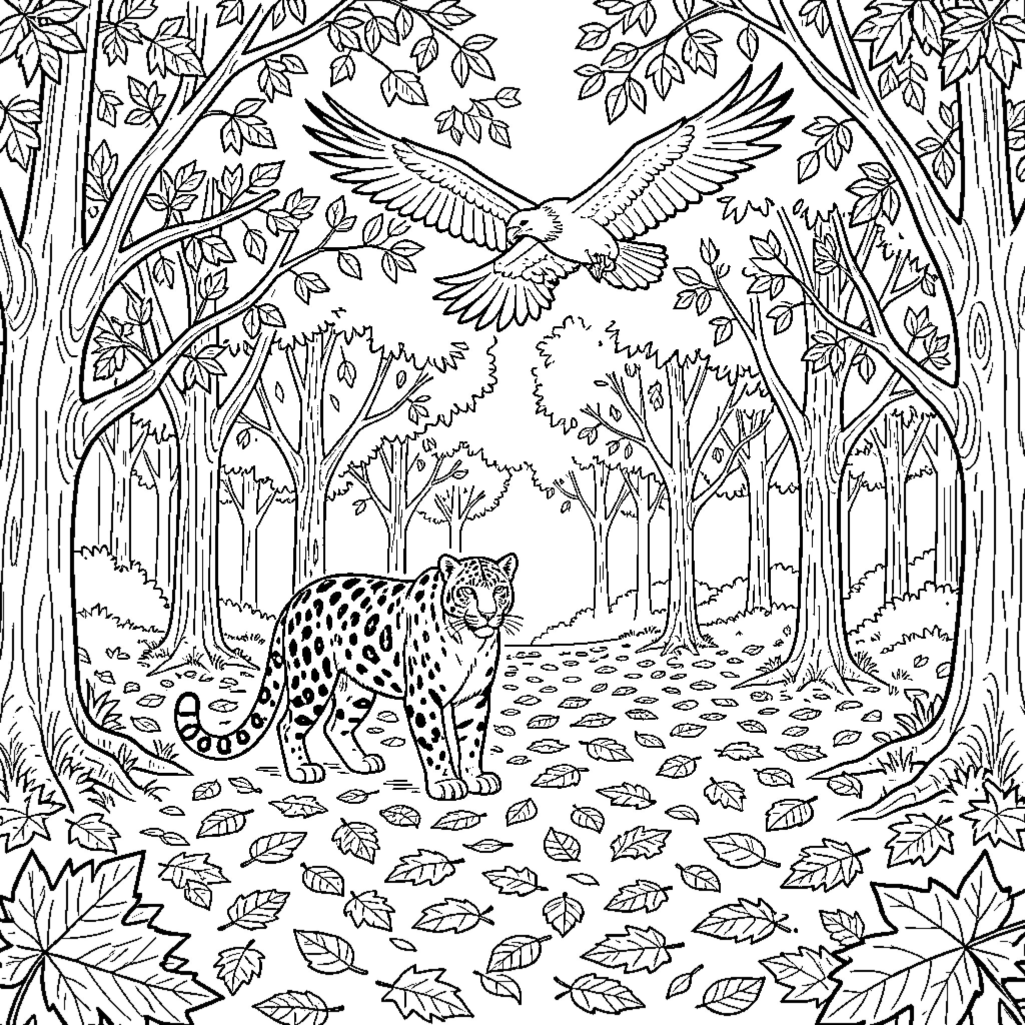 Puma in a Majestic Forest with Soaring Eagle Coloring Page (free black-and-white line drawing printable PDF for all, from beginners to advanced learners, including children, teens, adults, and seniors)