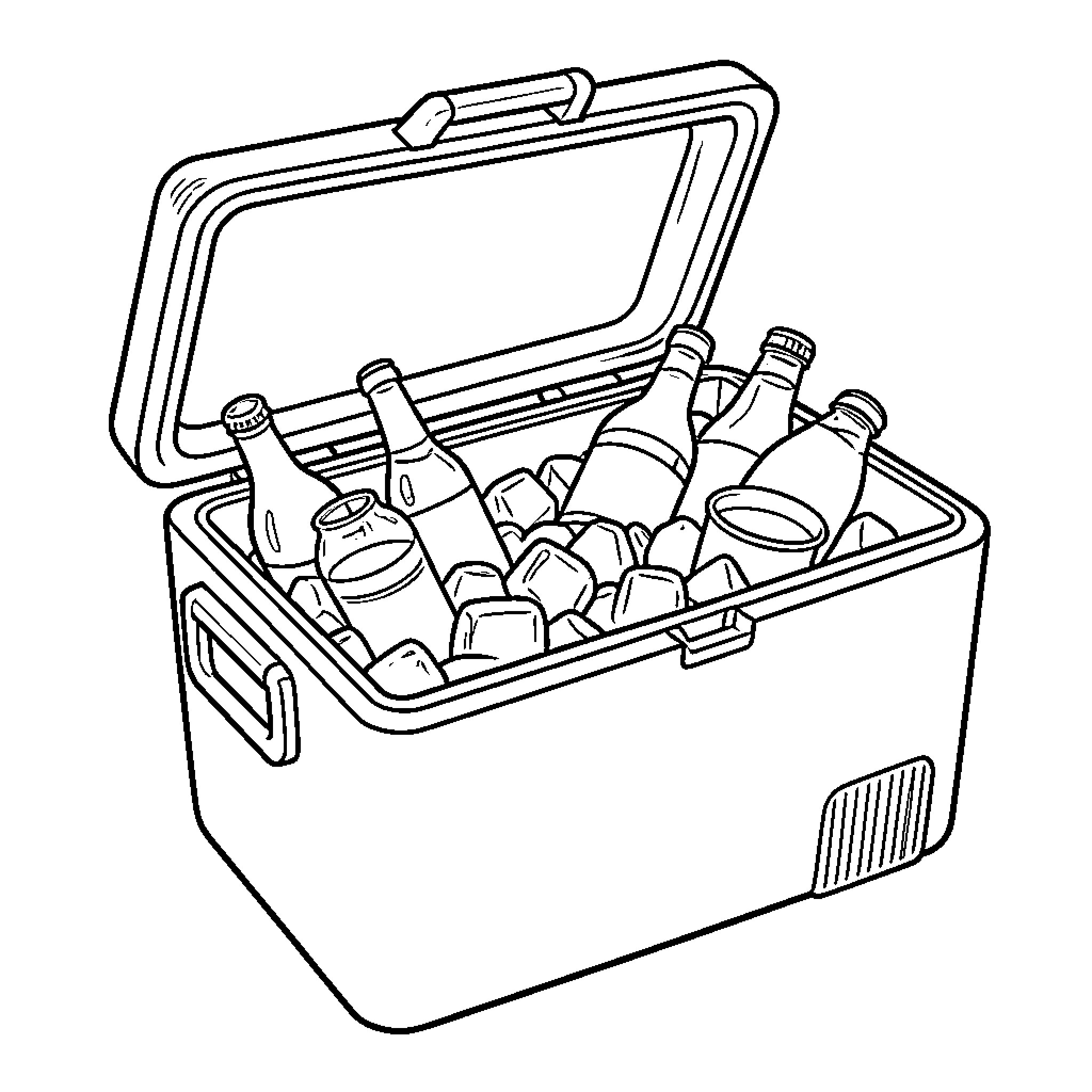 Cooler filled with bottles and ice cubes Coloring Page (free black-and-white line drawing printable PDF for all, from beginners to advanced learners, including children, teens, adults, and seniors)