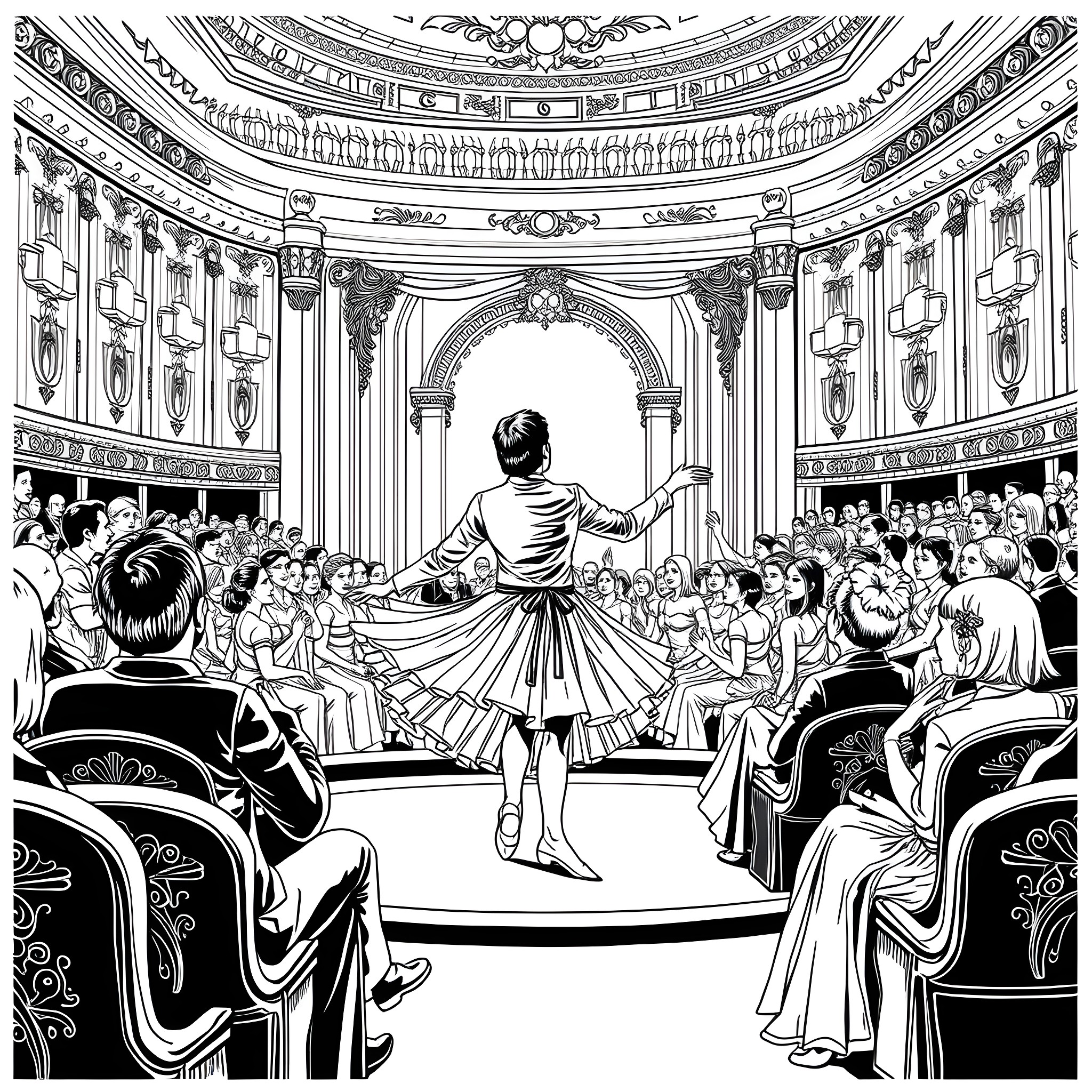 Liam Gallagher's theatrical ballet performance on stage Coloring Page (free black-and-white line drawing printable PDF for all, from beginners to advanced learners, including children, teens, adults, and seniors)