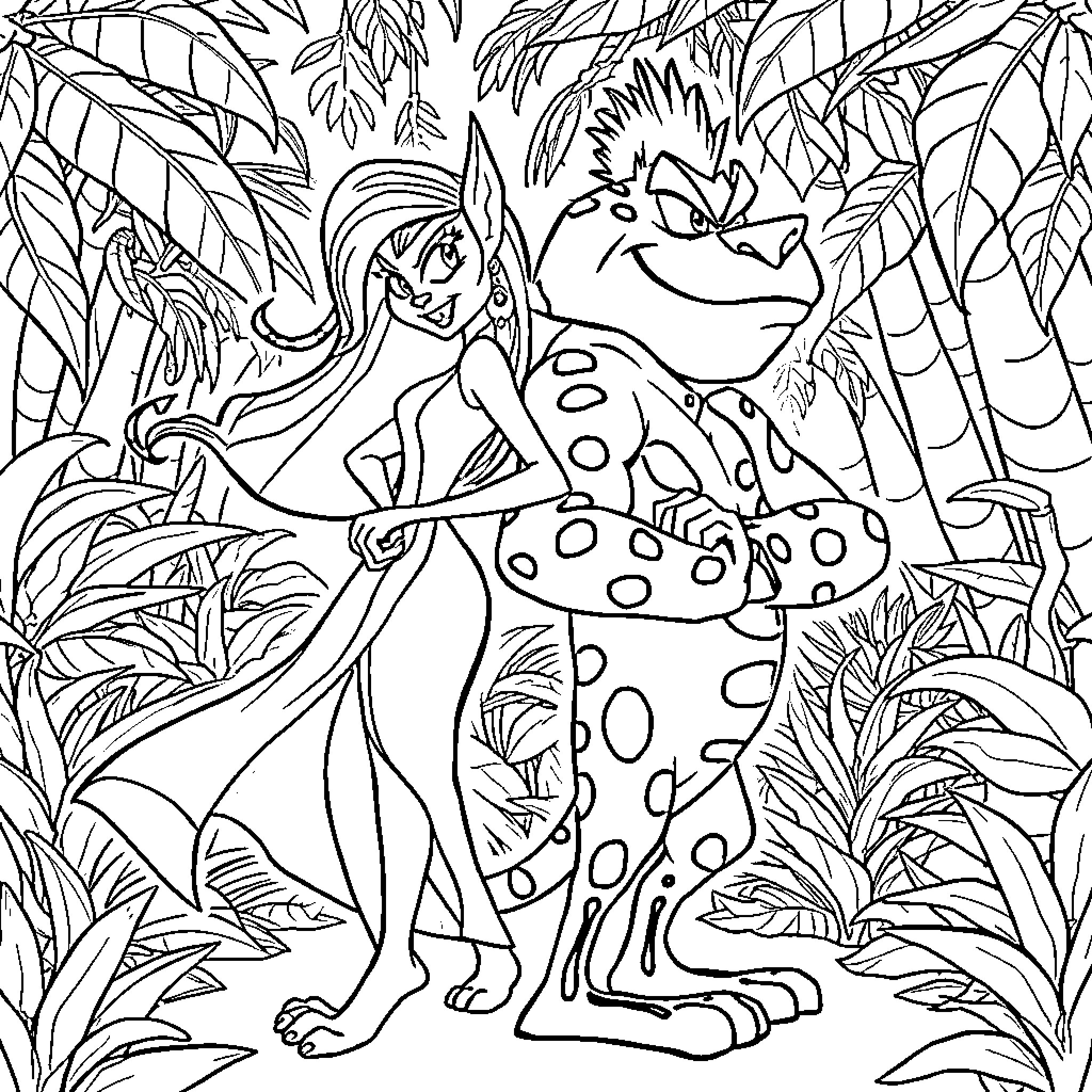 Yzma in the Vibrant Jungle Coloring Page (free black-and-white line drawing printable PDF for all, from beginners to advanced learners, including children, teens, adults, and seniors)