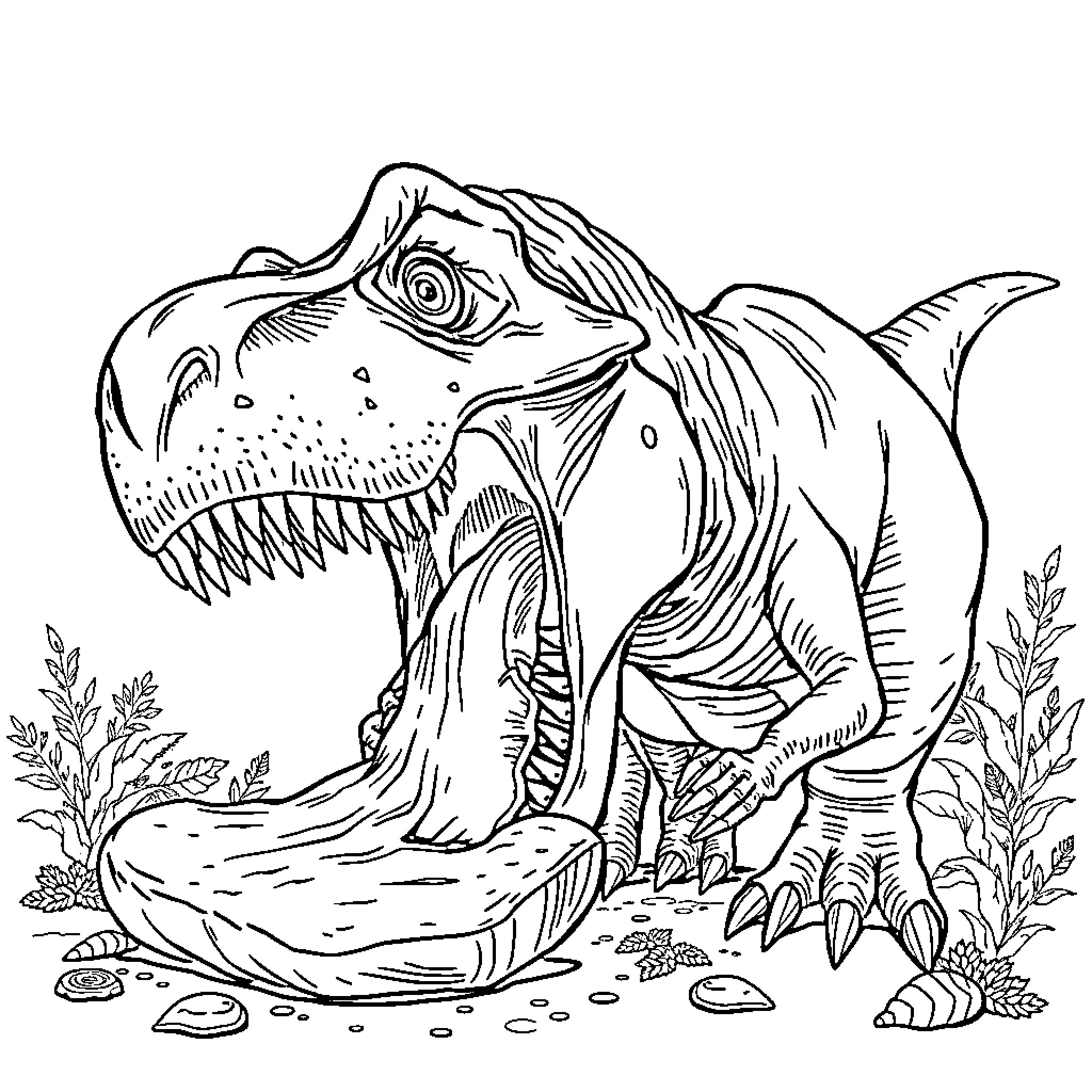 T-Rex Roaring in Prehistoric Landscape Coloring Page (free black-and-white line drawing printable PDF for all, from beginners to advanced learners, including children, teens, adults, and seniors)
