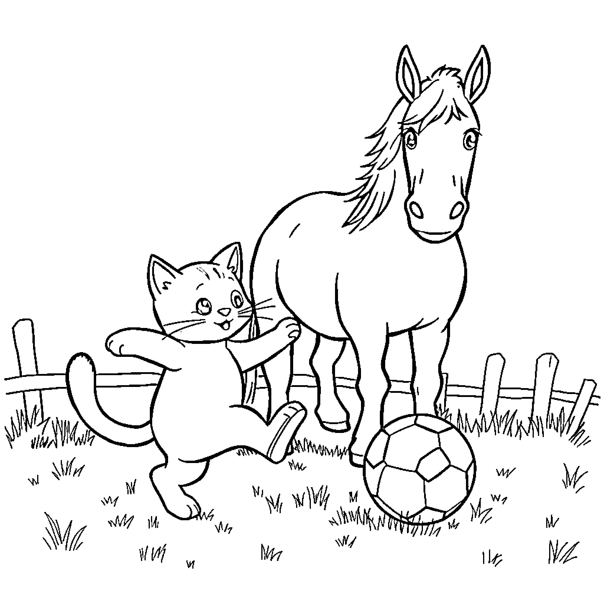 Cat and Horse Playing with Ball on Grassy Field Coloring Page (free black-and-white line drawing printable PDF for all, from beginners to advanced learners, including children, teens, adults, and seniors)