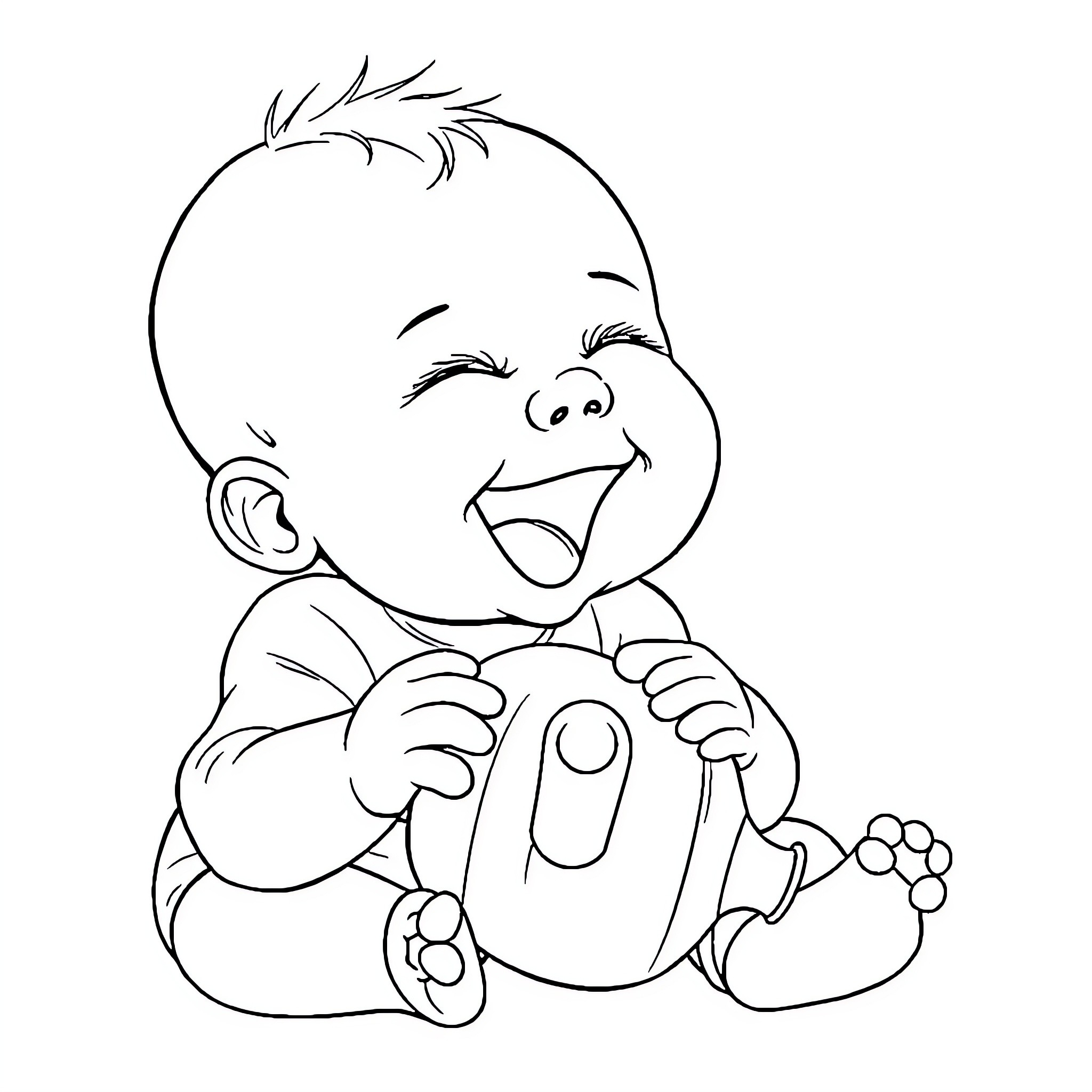 Baby playing with toy ball happily Coloring Page (free black-and-white line drawing printable PDF for all, from beginners to advanced learners, including children, teens, adults, and seniors)