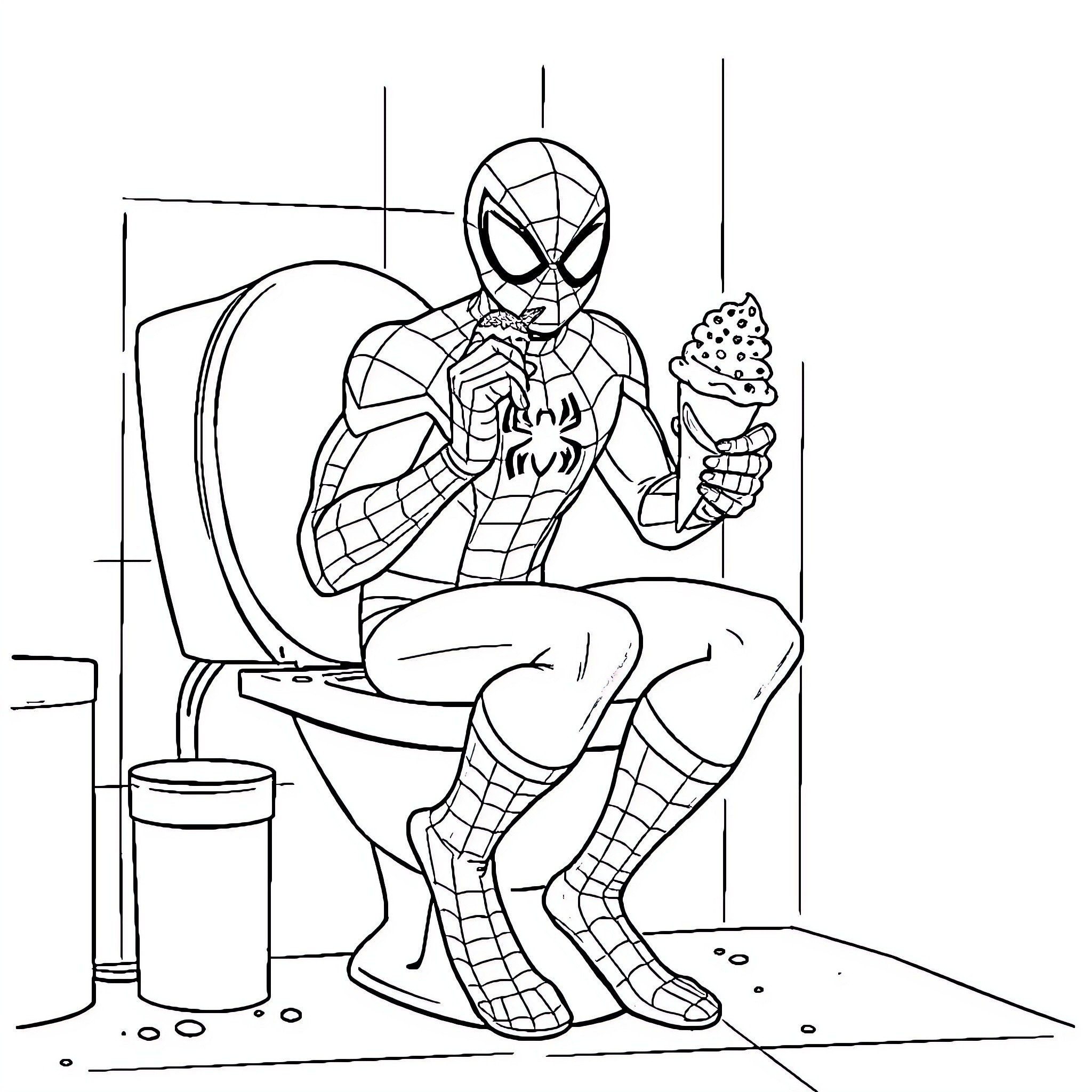 Spiderman enjoying a snack on the toilet Coloring Page (free black-and-white line drawing printable PDF for all, from beginners to advanced learners, including children, teens, adults, and seniors)