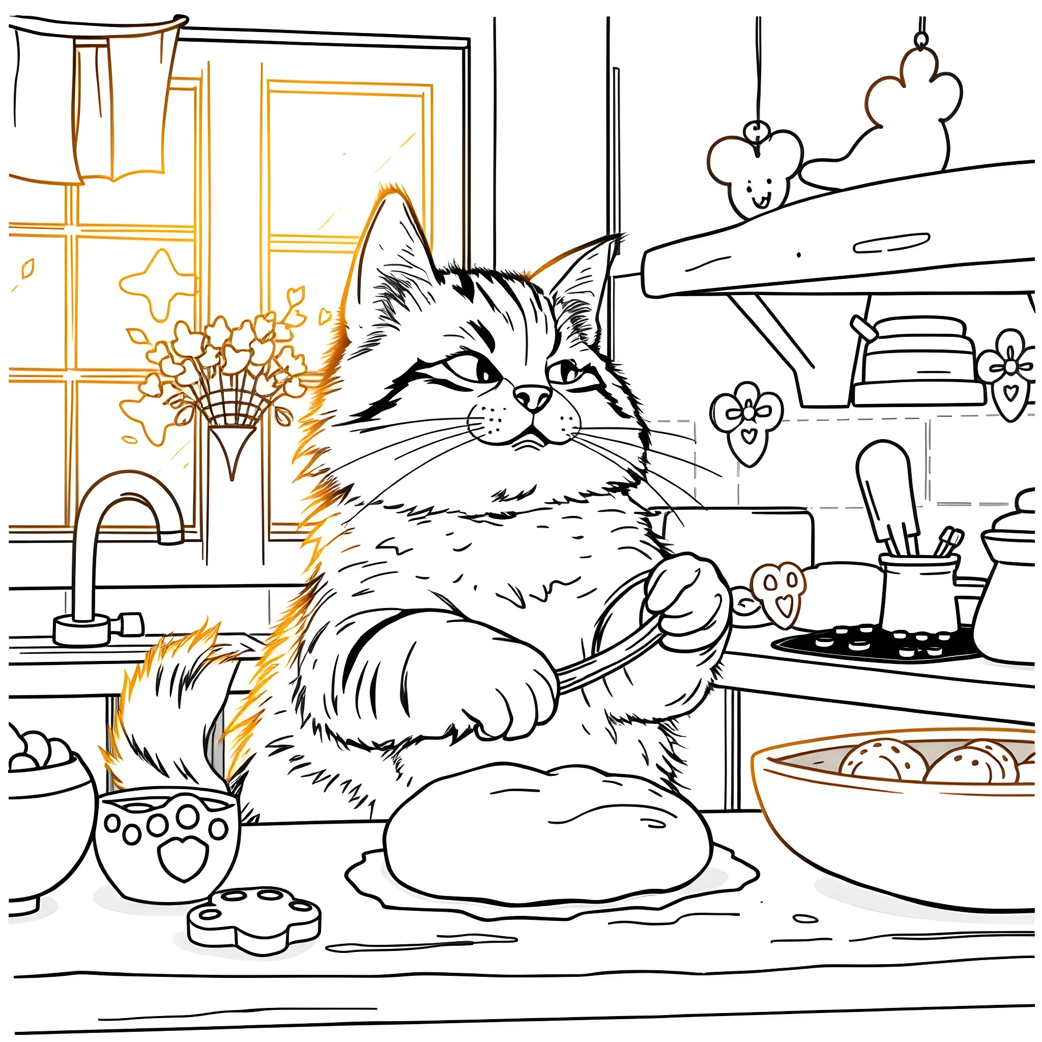Cat relaxing in a cozy kitchen Coloring Page (free black-and-white line drawing printable PDF for all, from beginners to advanced learners, including children, teens, adults, and seniors)