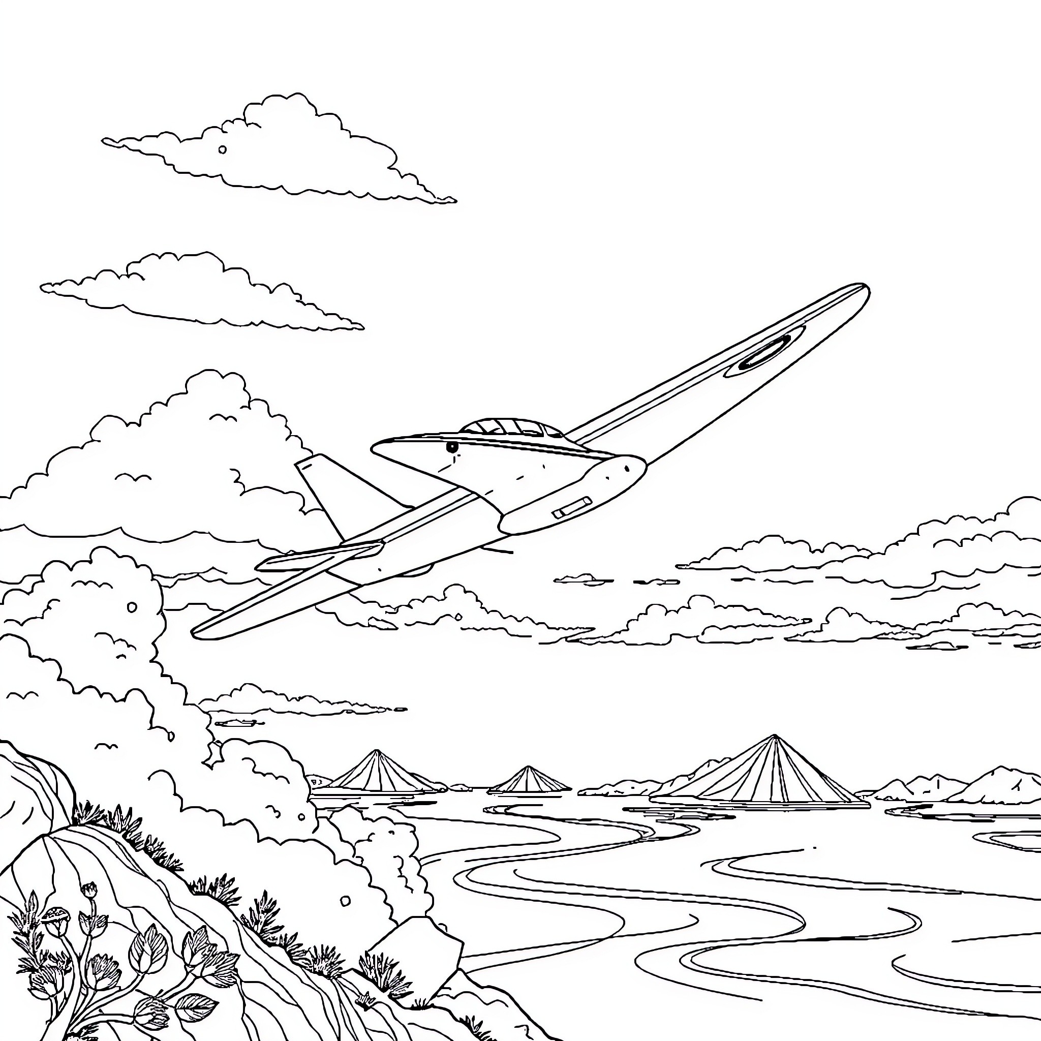 Airplane soaring over scenic landscape Coloring Page (free black-and-white line drawing printable PDF for all, from beginners to advanced learners, including children, teens, adults, and seniors)