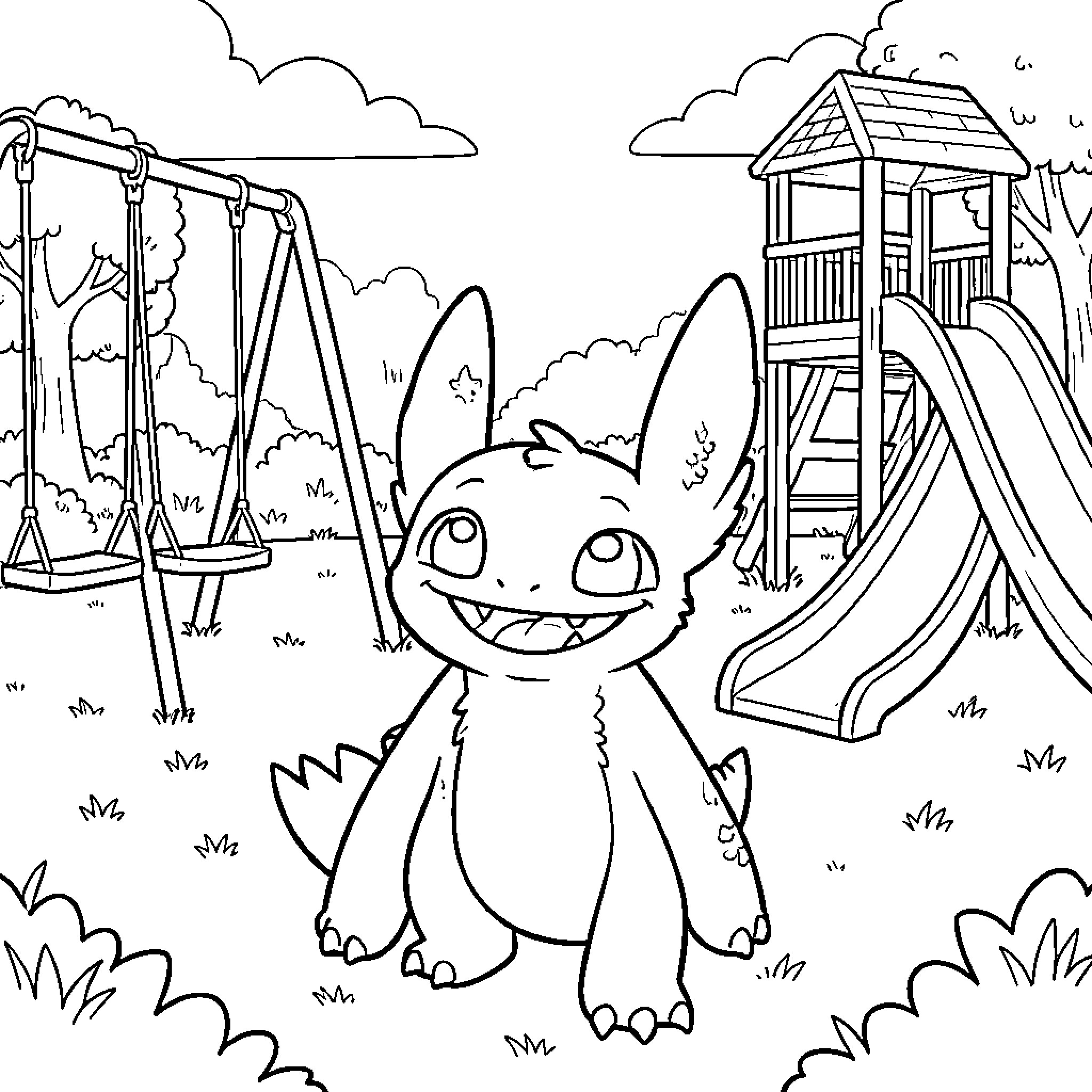 Toothless playing joyfully on the playground Coloring Page (free black-and-white line drawing printable PDF for all, from beginners to advanced learners, including children, teens, adults, and seniors)