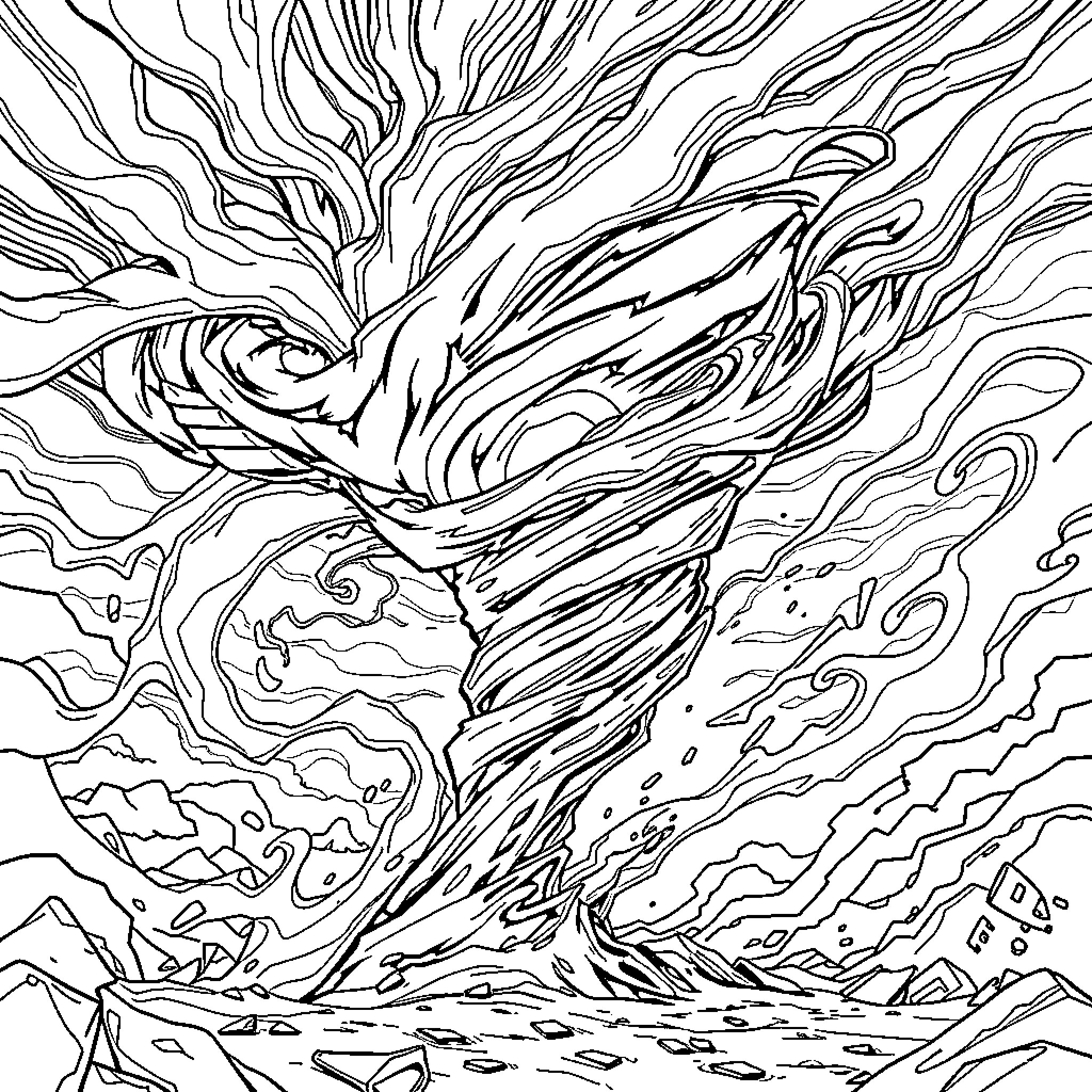 Ninjago characters battling in a stormy environment Coloring Page (free black-and-white line drawing printable PDF for all, from beginners to advanced learners, including children, teens, adults, and seniors)