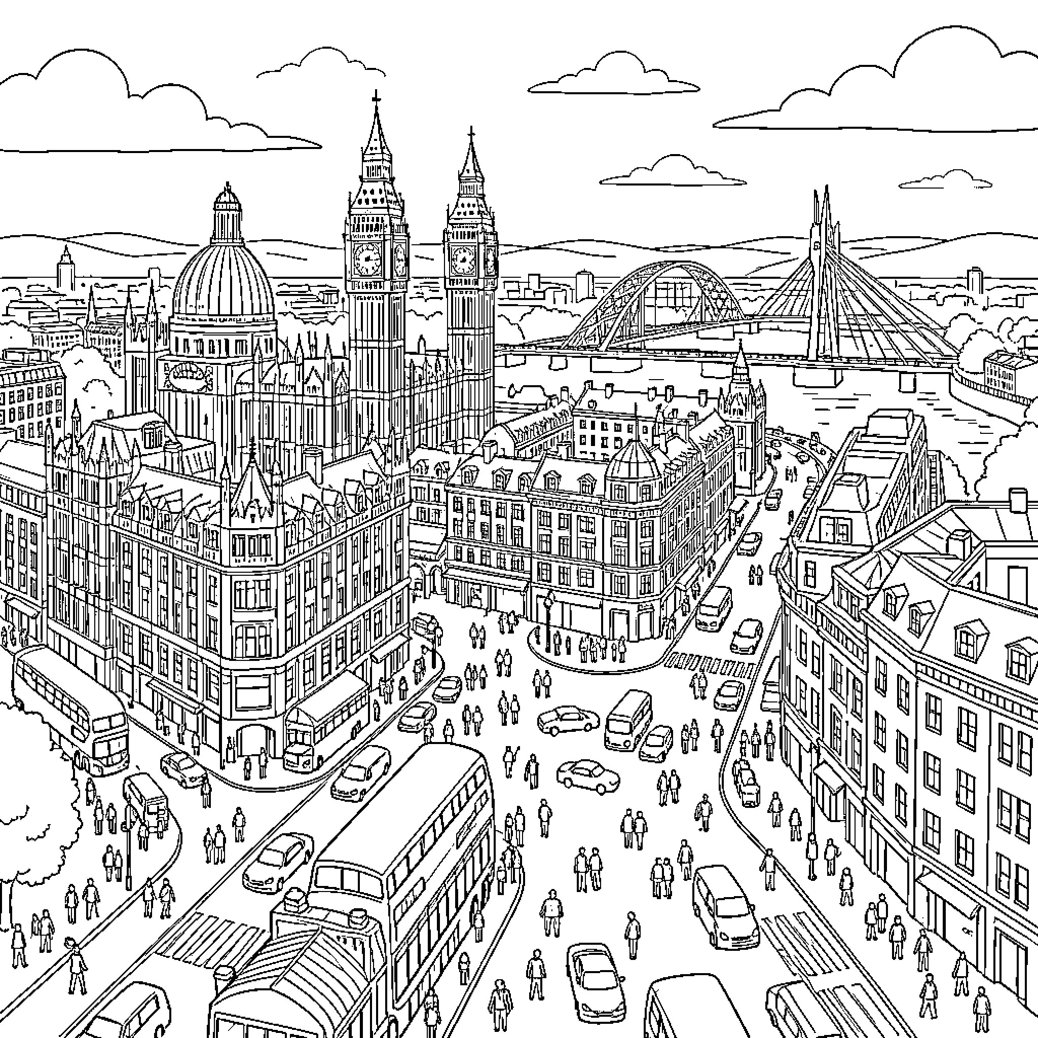 London cityscape with bustling streets and iconic landmarks Coloring Page (free black-and-white line drawing printable PDF for all, from beginners to advanced learners, including children, teens, adults, and seniors)