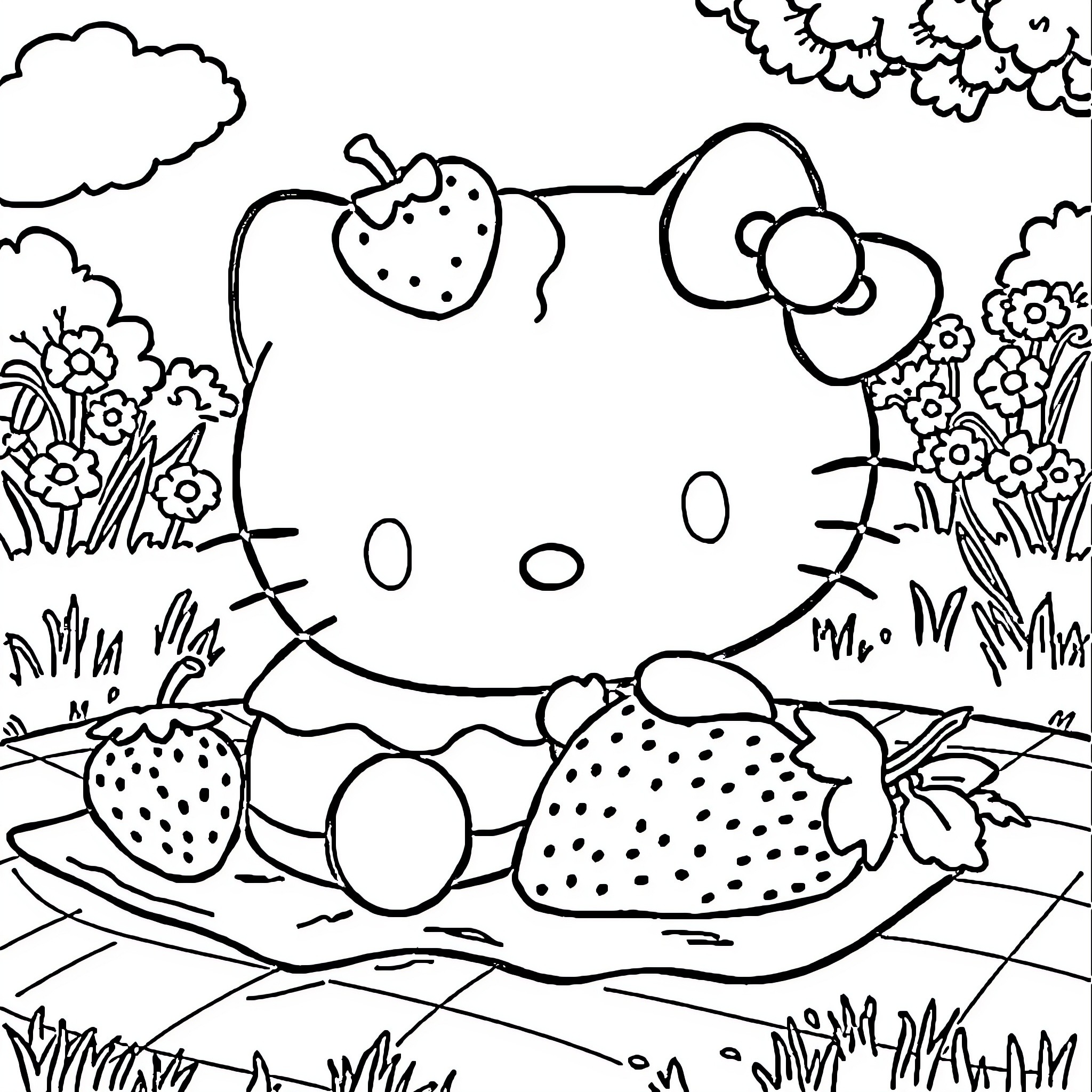 Strawberry Shortcake having a picnic in a flower garden Coloring Page (free black-and-white line drawing printable PDF for all, from beginners to advanced learners, including children, teens, adults, and seniors)