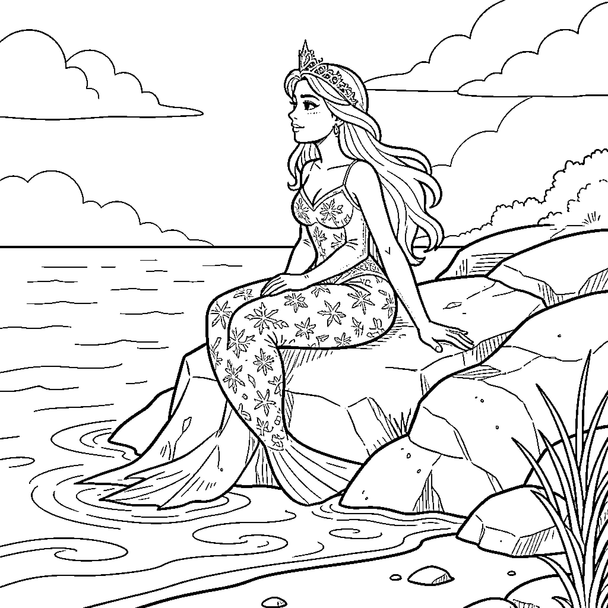 Mermaid sitting gracefully on rocks by the sea Coloring Page (free black-and-white line drawing printable PDF for all, from beginners to advanced learners, including children, teens, adults, and seniors)