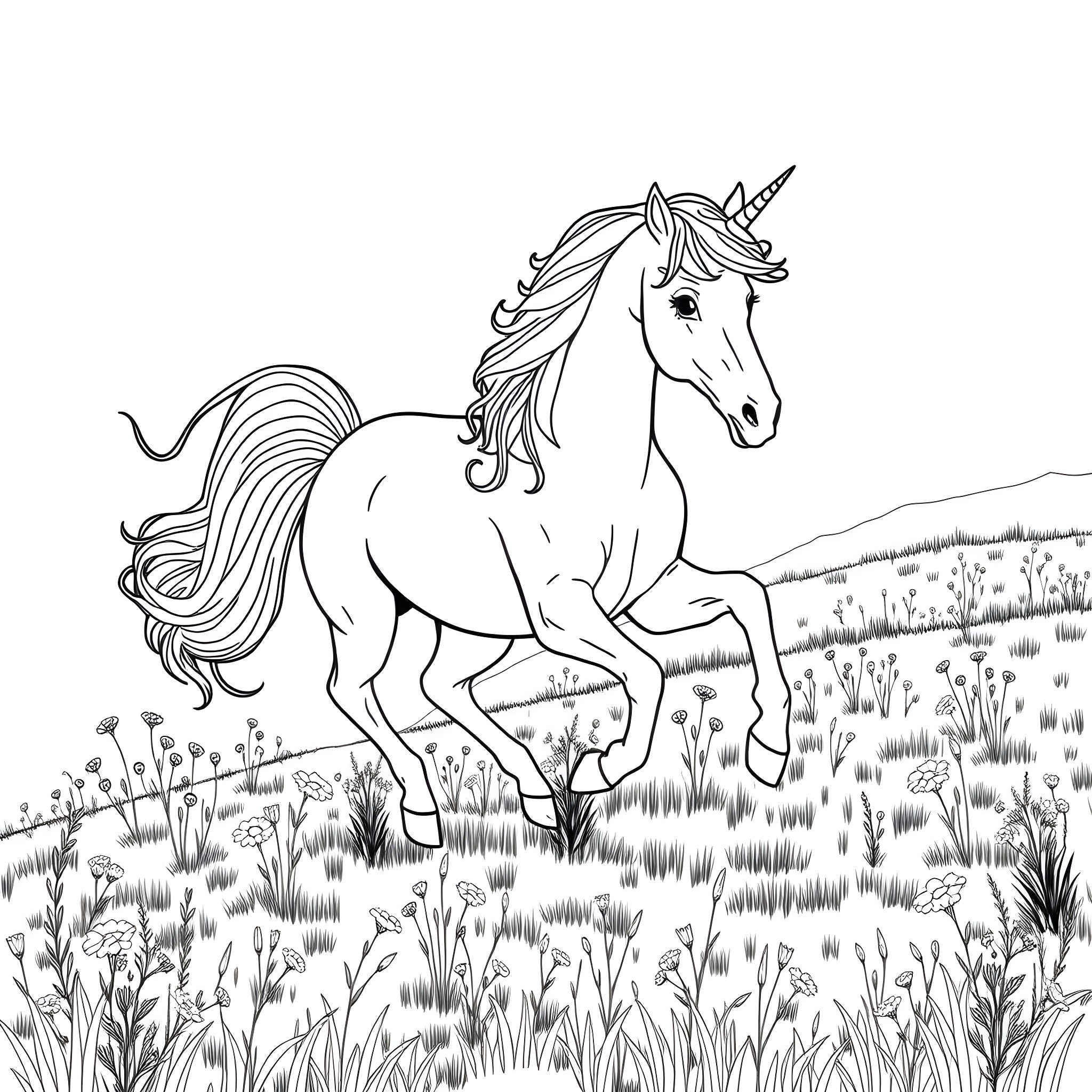Unicorn prancing through a lush meadow Coloring Page (free black-and-white line drawing printable PDF for all, from beginners to advanced learners, including children, teens, adults, and seniors)