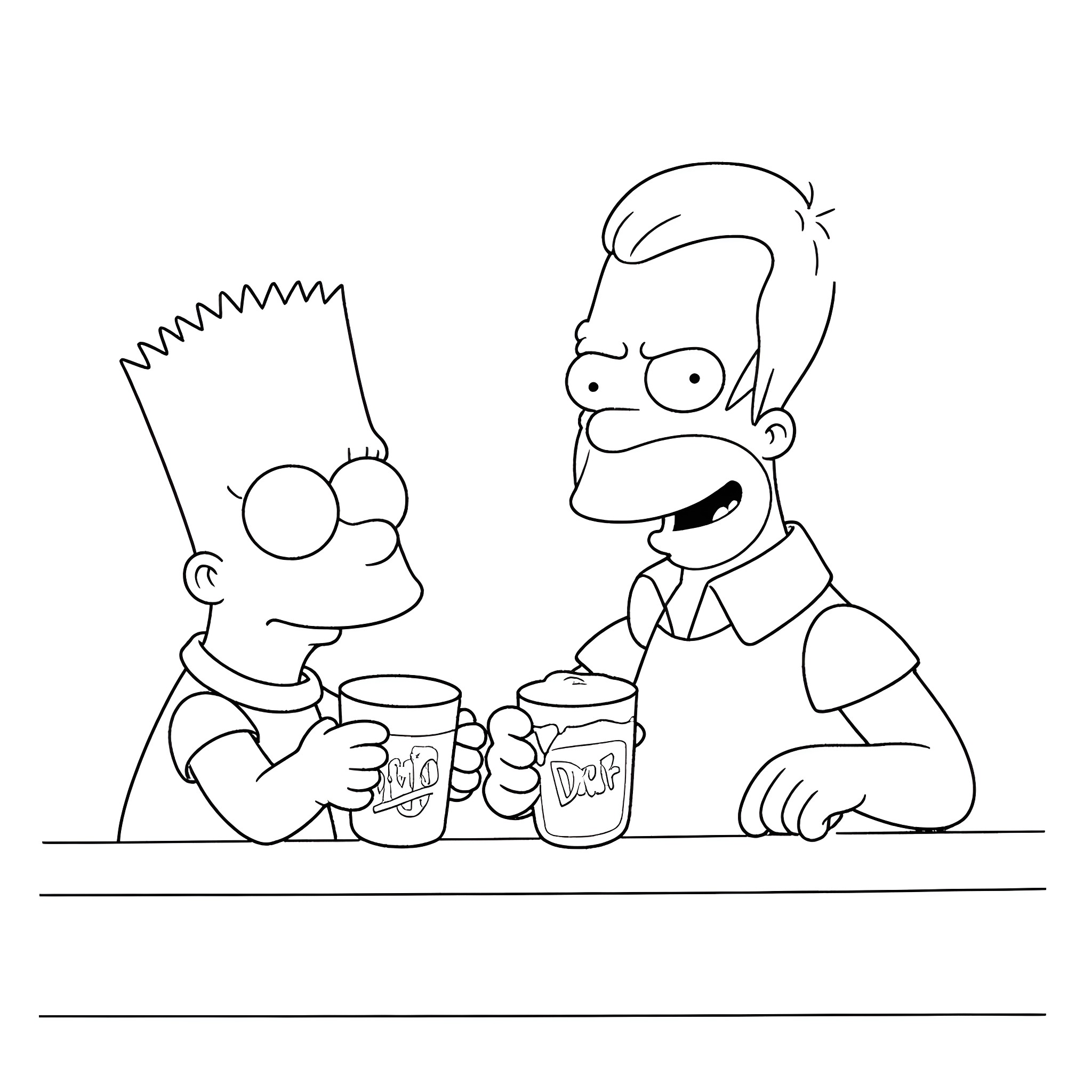 Bart Simpson sharing drinks with Homer Simpson Coloring Page (free black-and-white line drawing printable PDF for all, from beginners to advanced learners, including children, teens, adults, and seniors)