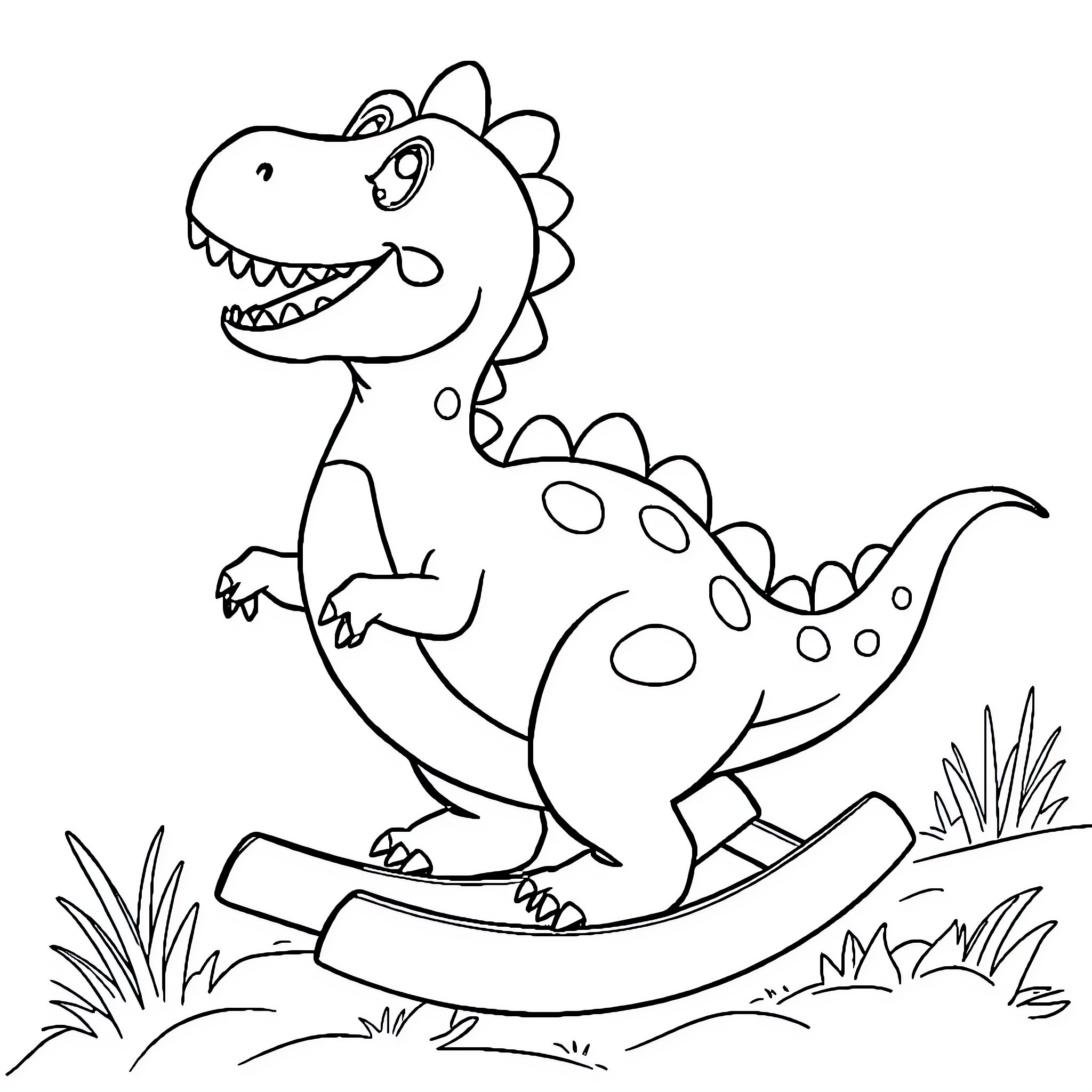 Dinosaur happily riding rocking horse in nature Coloring Page (free black-and-white line drawing printable PDF for all, from beginners to advanced learners, including children, teens, adults, and seniors)