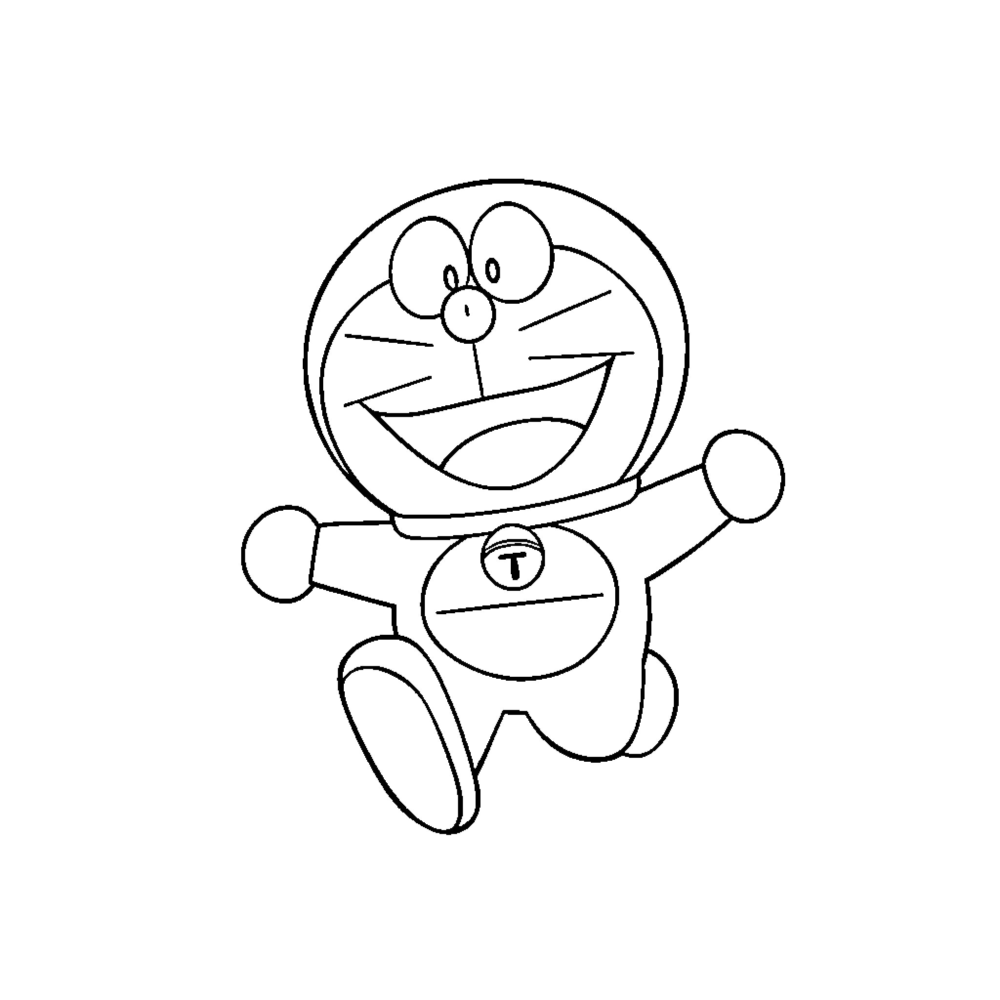 Doraemon posing in a playful manner Coloring Page (free black-and-white line drawing printable PDF for all, from beginners to advanced learners, including children, teens, adults, and seniors)