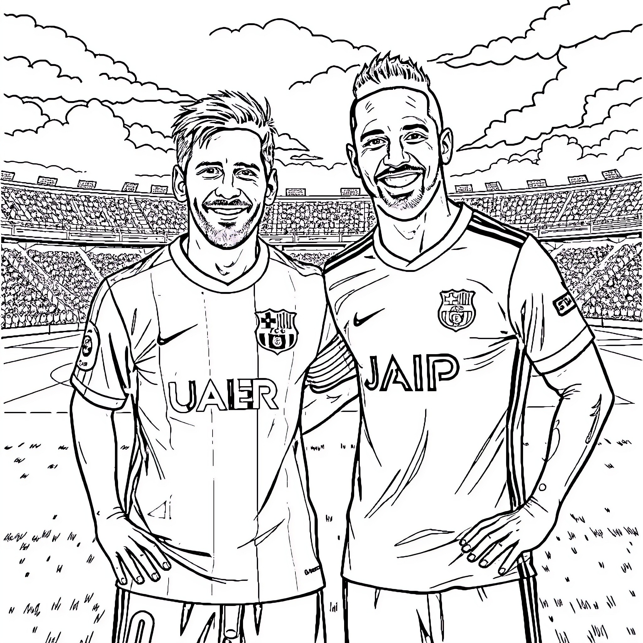 Messi and Teammates on the Football Pitch Coloring Page (free black-and-white line drawing printable PDF for all, from beginners to advanced learners, including children, teens, adults, and seniors)