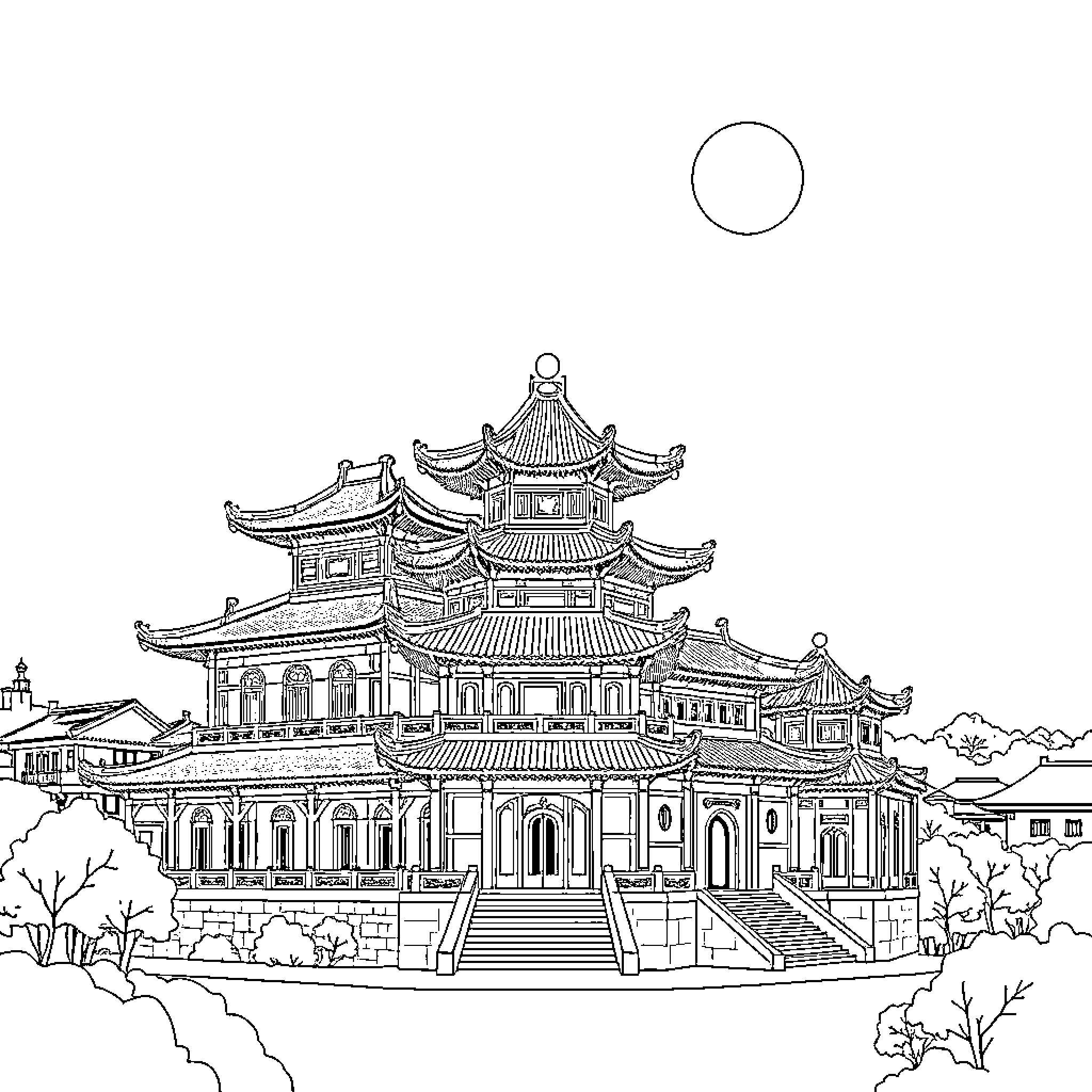 Forbidden City architectural masterpiece with ornate details Coloring Page (free black-and-white line drawing printable PDF for all, from beginners to advanced learners, including children, teens, adults, and seniors)