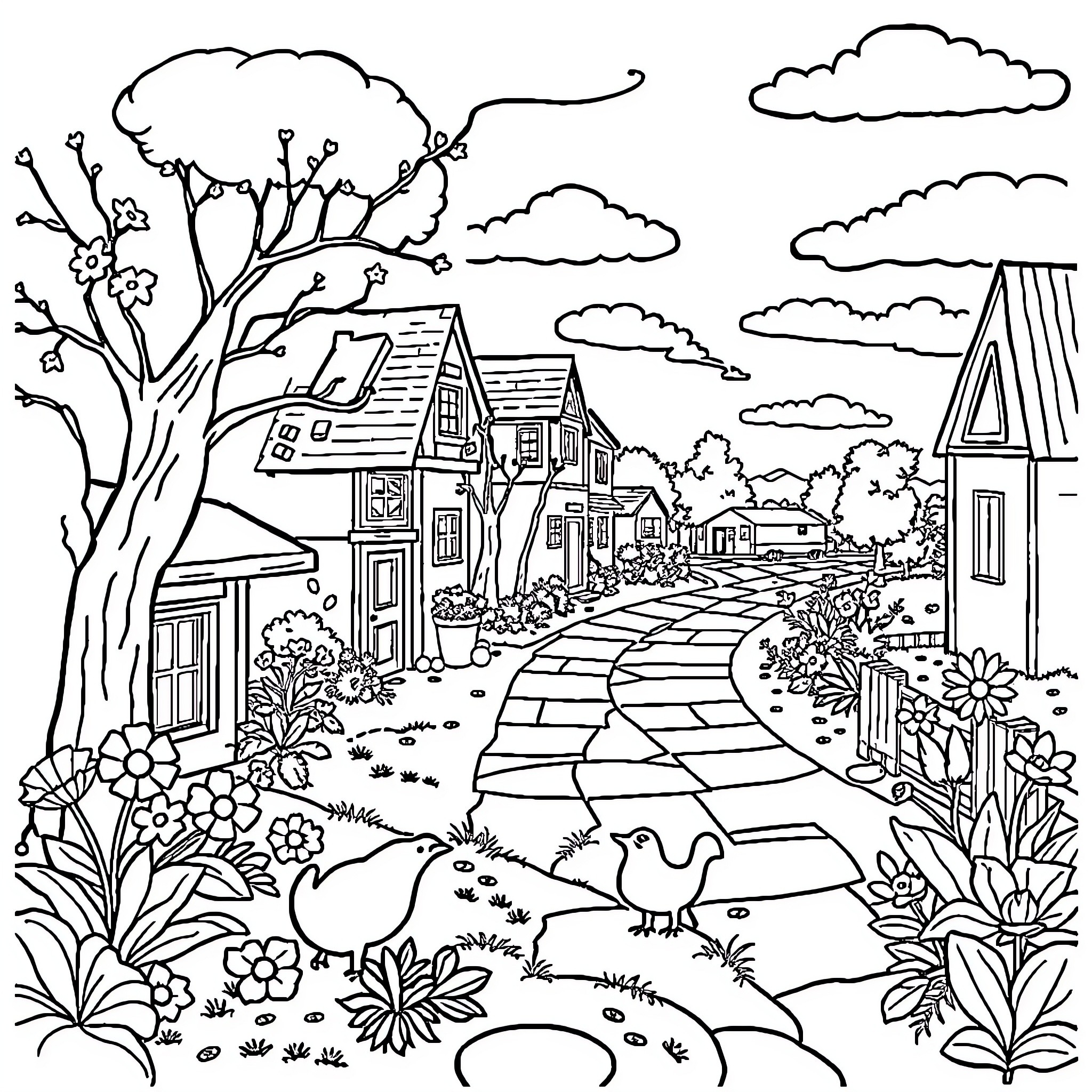Memory Lane: Idyllic Village Scene with Houses, Trees, and Flowers Coloring Page (free black-and-white line drawing printable PDF for all, from beginners to advanced learners, including children, teens, adults, and seniors)