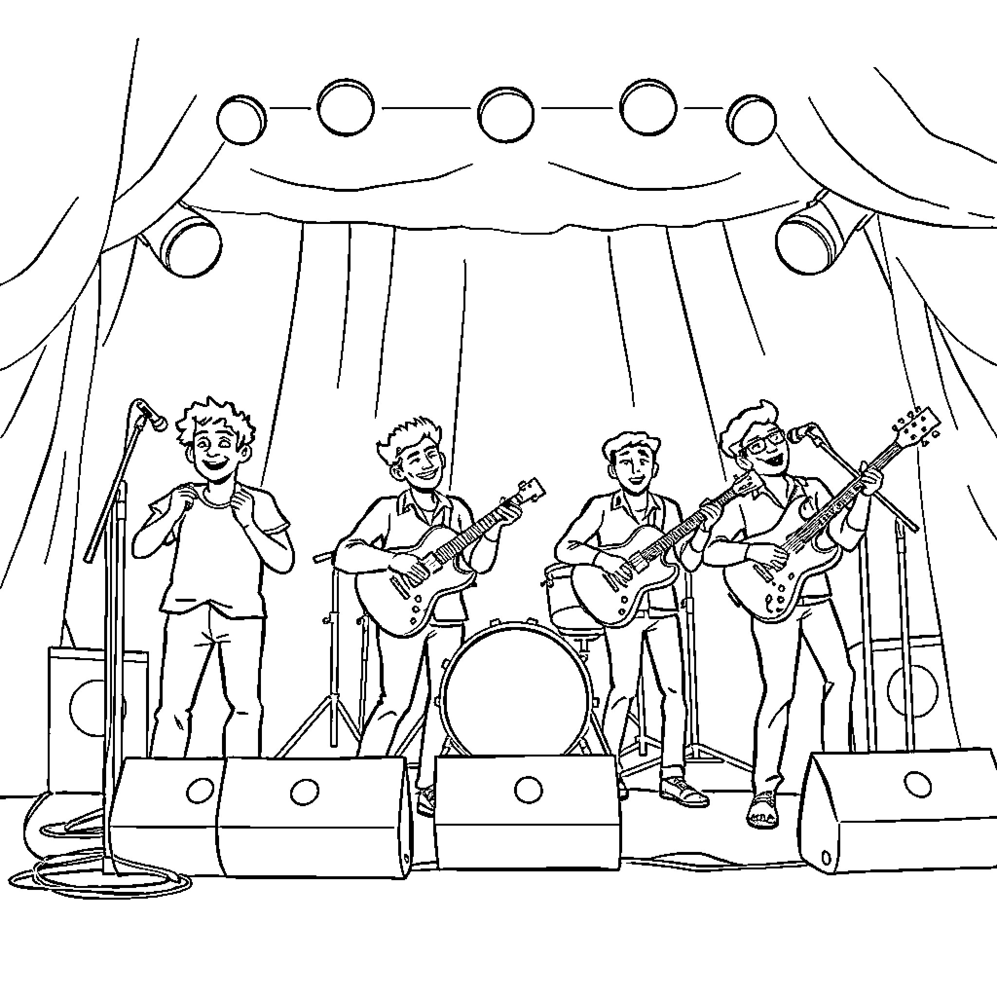 Banda Morat performing on stage with musical instruments Coloring Page (free black-and-white line drawing printable PDF for all, from beginners to advanced learners, including children, teens, adults, and seniors)
