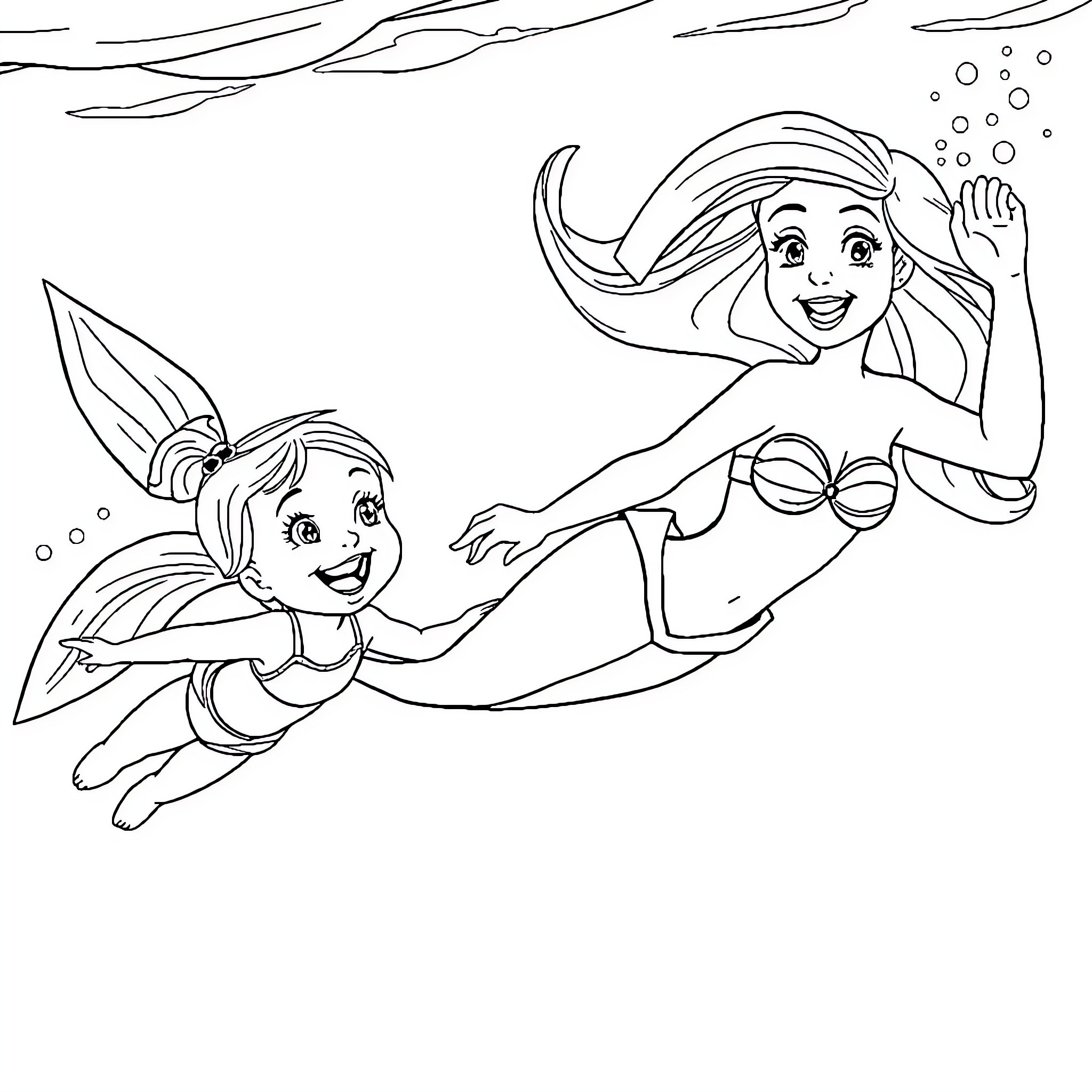 Ariel and Flounder Exploring the Underwater World Coloring Page (free black-and-white line drawing printable PDF for all, from beginners to advanced learners, including children, teens, adults, and seniors)