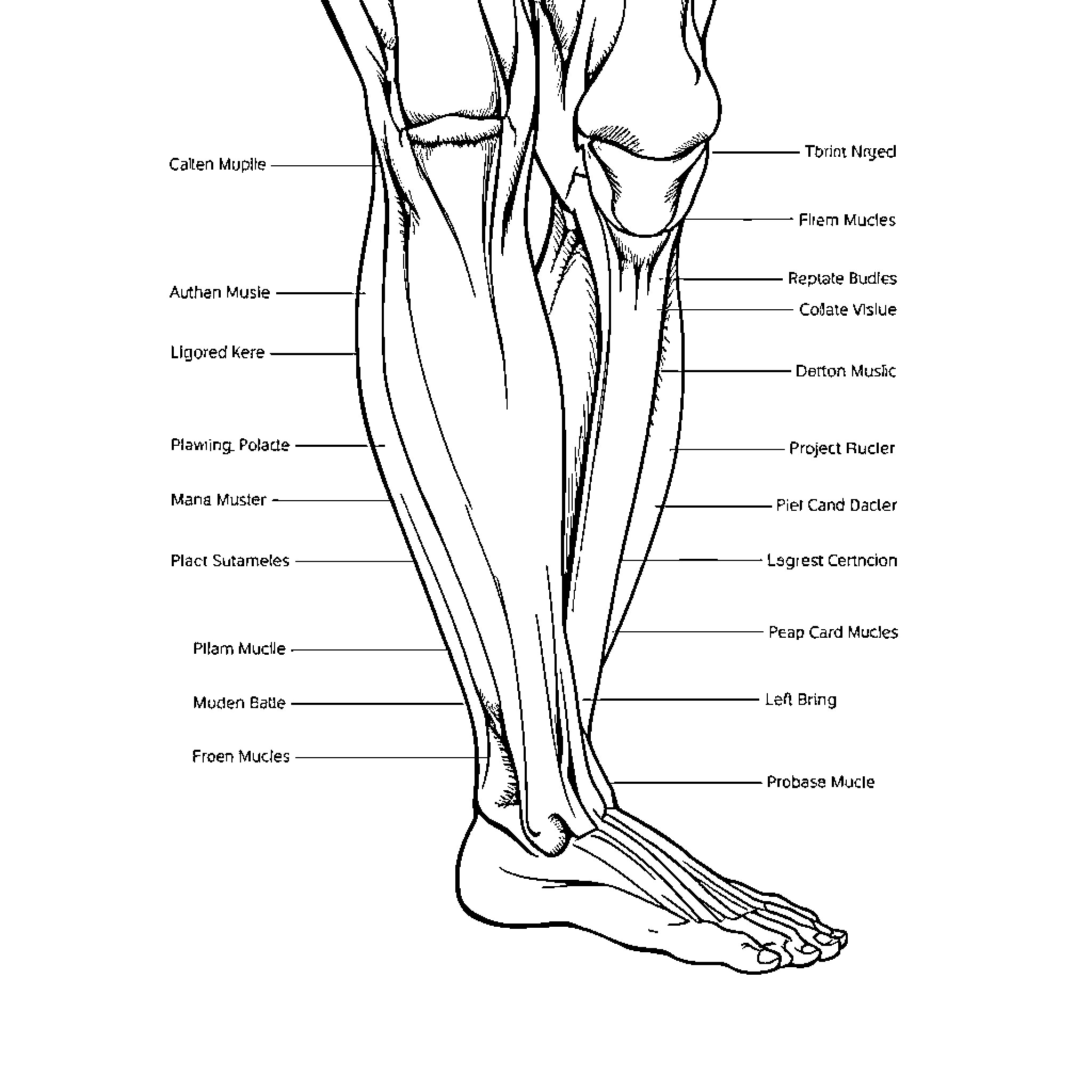 Leg anatomy with labeled muscles and tendons Coloring Page (free black-and-white line drawing printable PDF for all, from beginners to advanced learners, including children, teens, adults, and seniors)