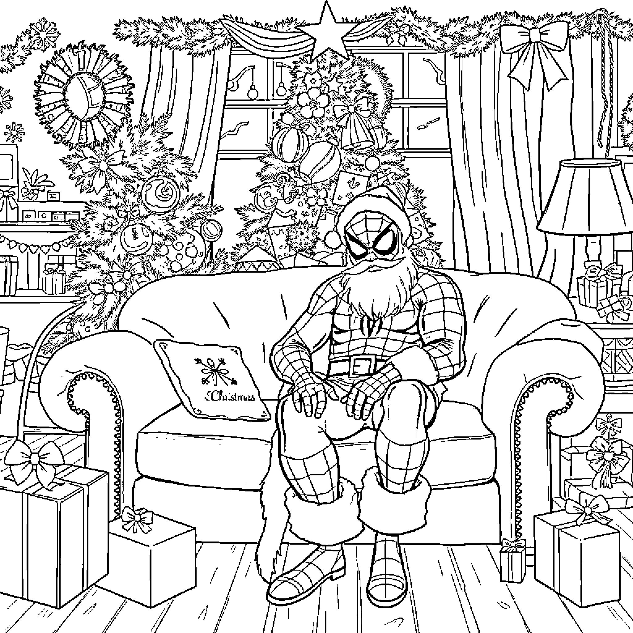 Spider-Man relaxing in festive holiday setting Coloring Page (free black-and-white line drawing printable PDF for all, from beginners to advanced learners, including children, teens, adults, and seniors)