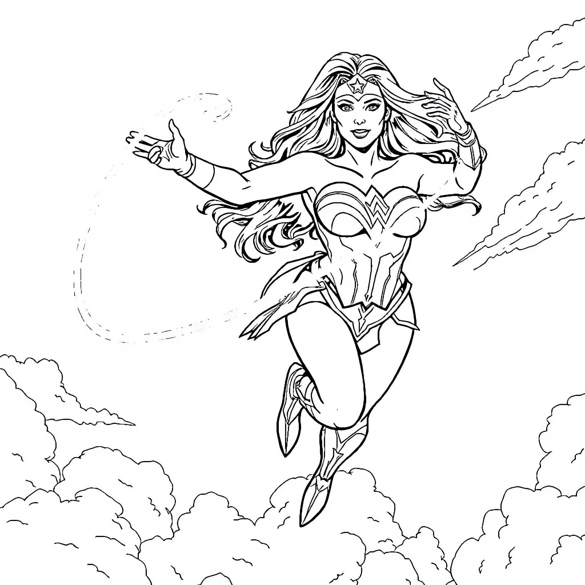 Wonder Woman heroically soaring through the skies Coloring Page (free black-and-white line drawing printable PDF for all, from beginners to advanced learners, including children, teens, adults, and seniors)