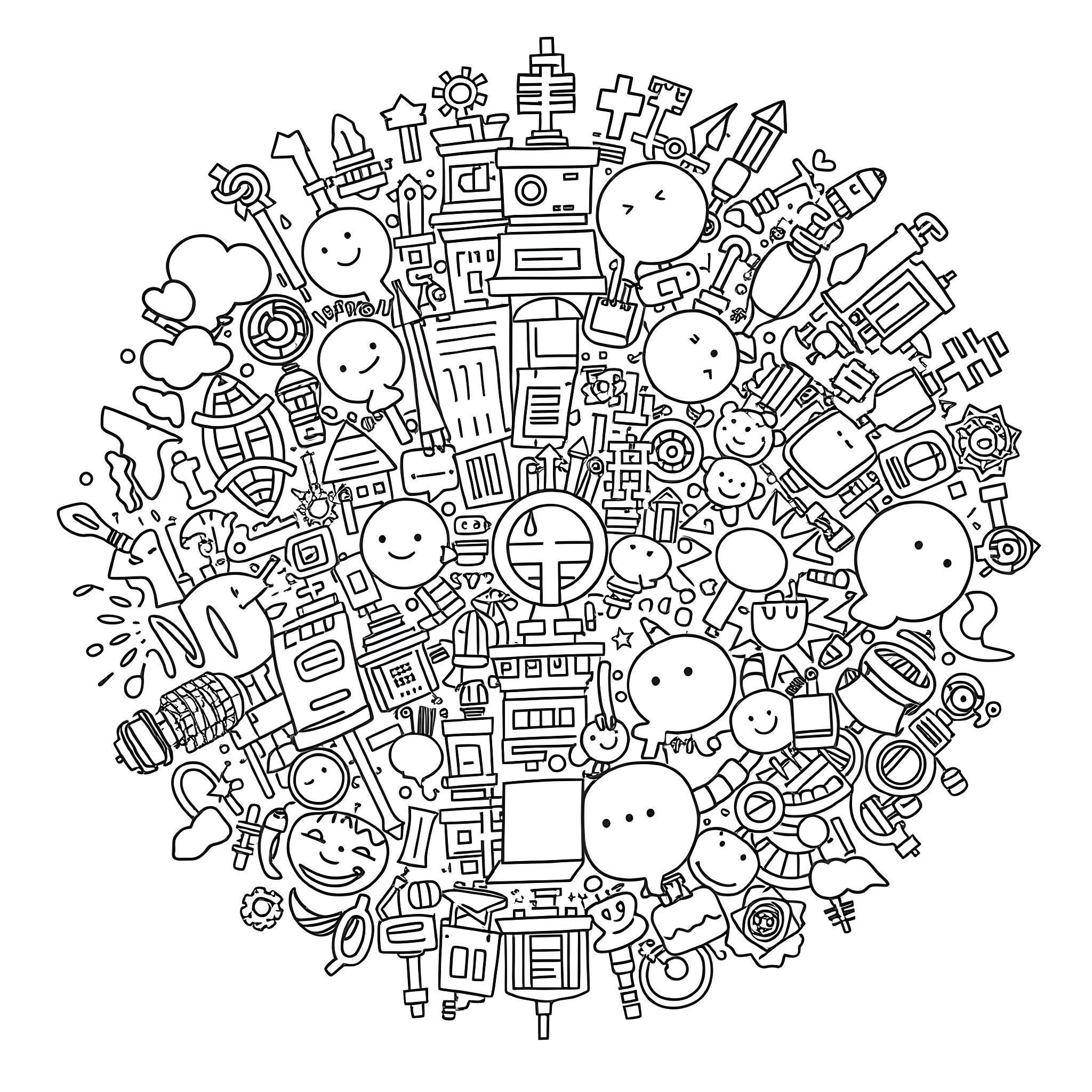 Symbols of Whimsical and Imaginative Objects Coloring Page (free black-and-white line drawing printable PDF for all, from beginners to advanced learners, including children, teens, adults, and seniors)