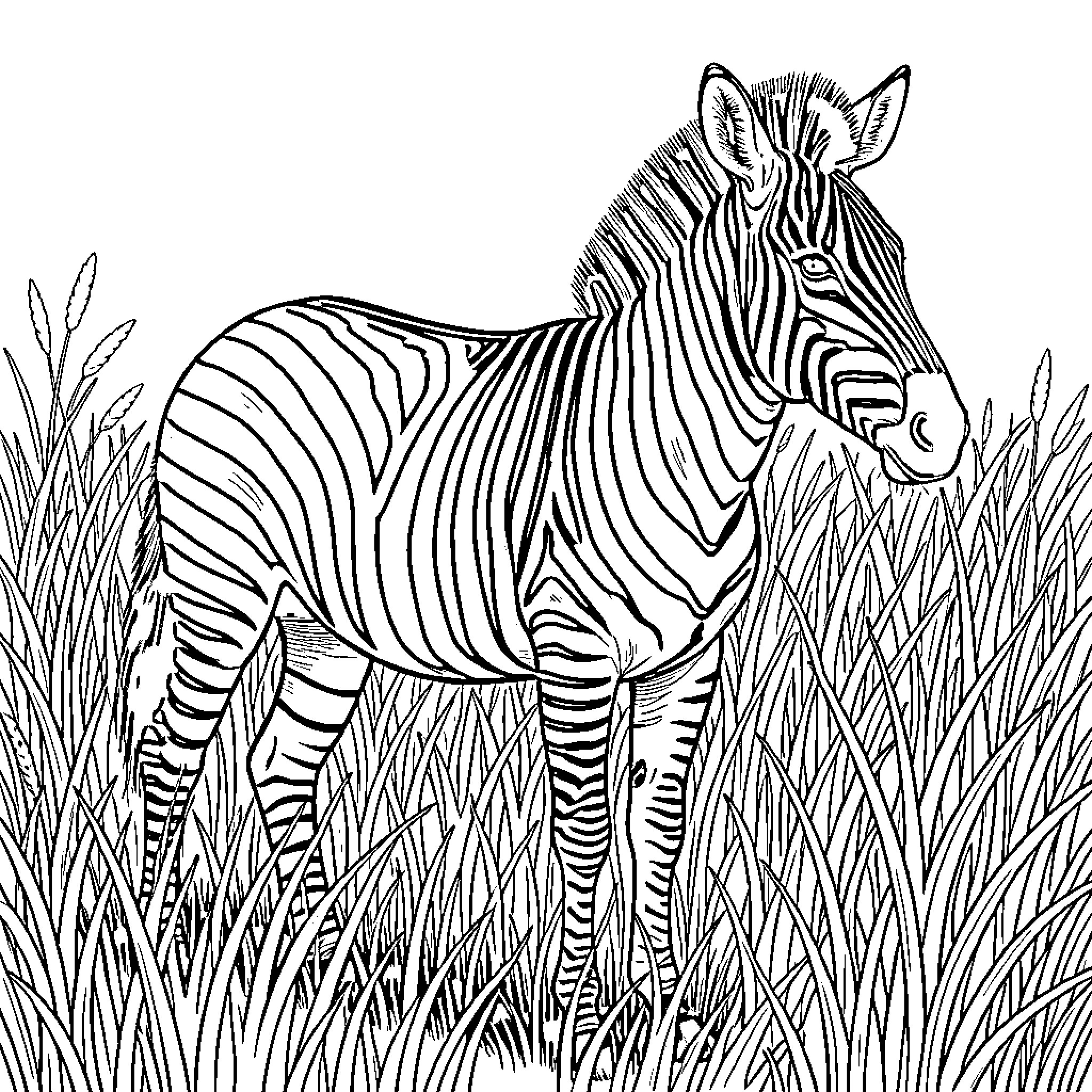Zebra standing amidst tall grass Coloring Page (free black-and-white line drawing printable PDF for all, from beginners to advanced learners, including children, teens, adults, and seniors)